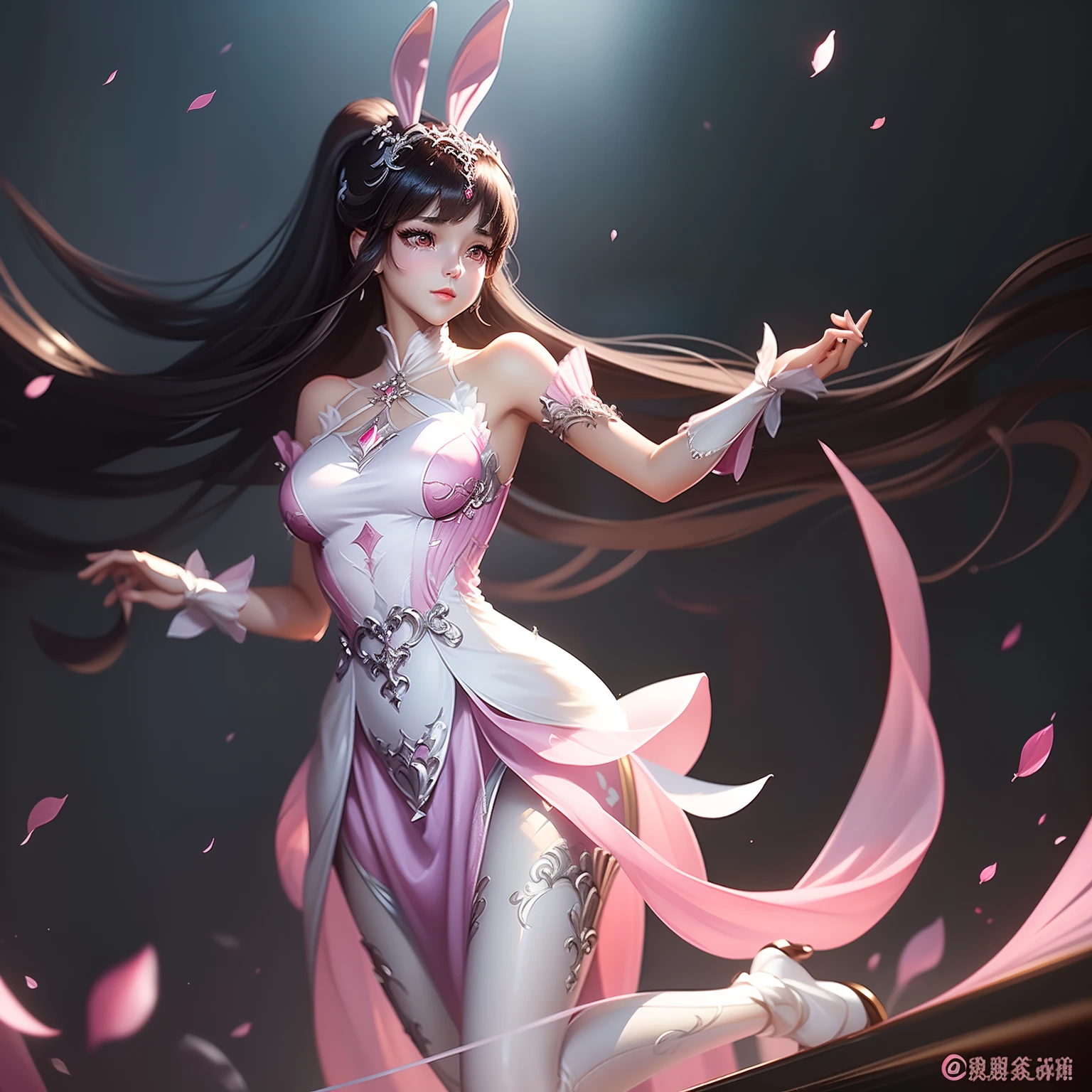 (Coefficient: 1.2) (fresh and elegant painting style + clear and delicate picture quality), (girl + ite figure + brown eyes + cute and charming rabbit ears + pink chiffon dress + elegant and aesthetic temperament + youthful vitality + black hair + soft and warm), (exquisite beauty + clear facial features)