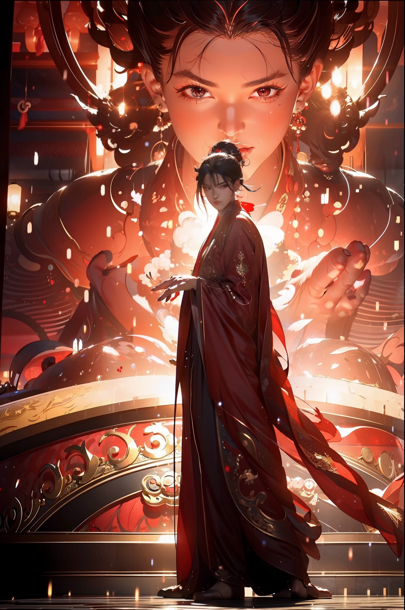 red theme,Beautiful woman with a red veil,red color Hanfu,embroidered shoes,Dark wind,There is a little bloodshot in the corner of the eye,Long red nails,Red rendering,Black pupils,With the air of royalty,