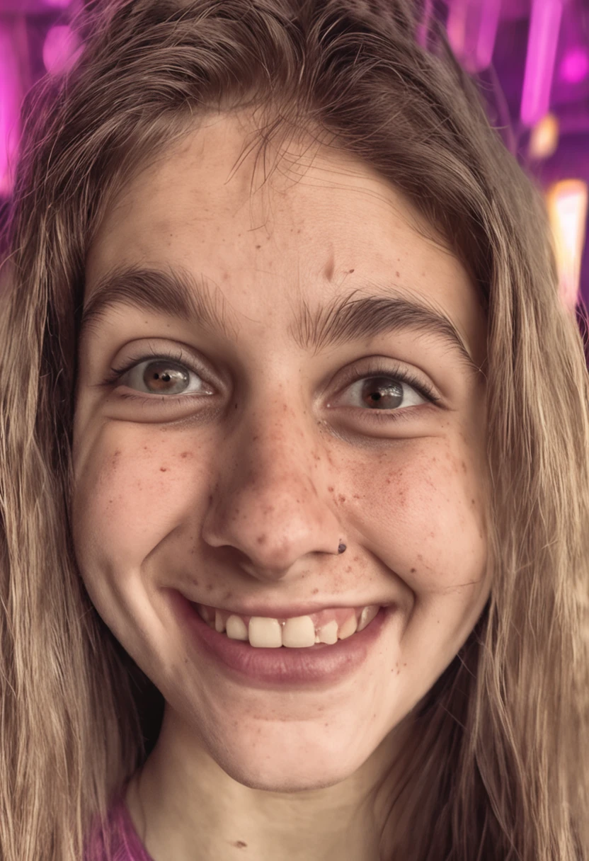 A poor quality real real life realistic grainy selfie of a young teen girl with a lot of clothing smiling, selfie, dark, girl is mildly ugly, kinda basic and ugly, selfie, pimples, poor grainy quality, real,