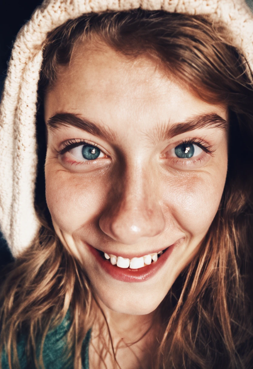 A poor quality real real life realistic grainy selfie of a girl with a lot of clothing smiling, selfie, dark, girl is mildly ugly, kinda basic and ugly, selfie, pimples, poor grainy quality, real,