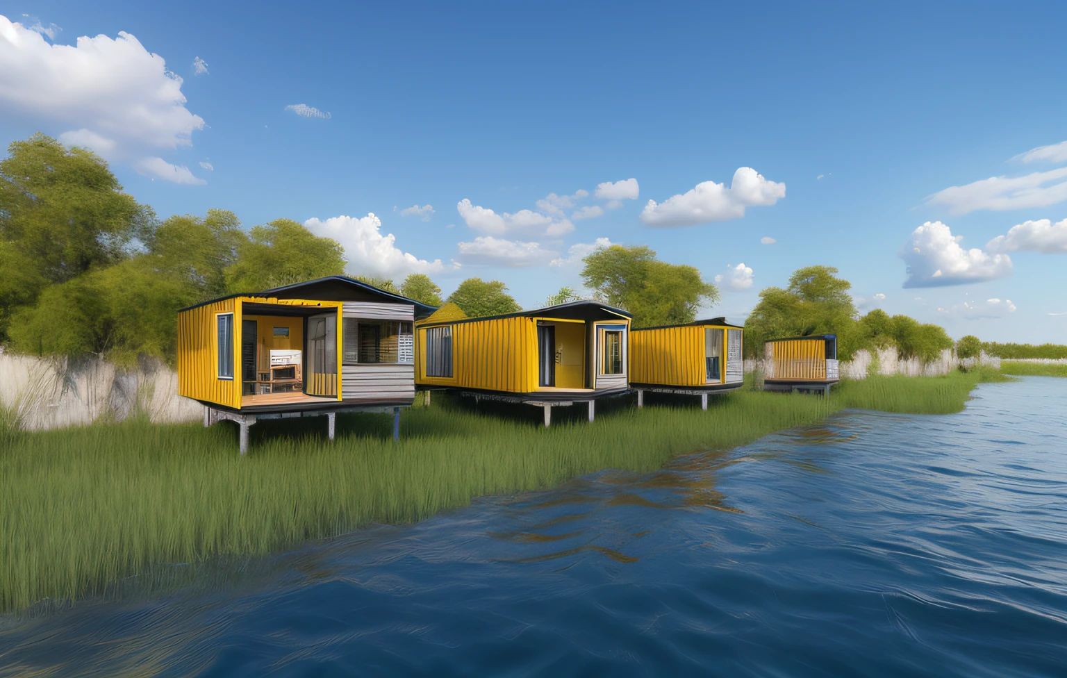 Two yellow huts sit by the river, A digital rendering, shipping containers, an award winning digital render, rendering of the windigo, rendering, award winning render, a digital rendering, a digital rendering, conceptual rendering, Floating buildings, House on stilts, photographic render, architectural 3 d render, lumion rendering, Beachfront house, alternate angle