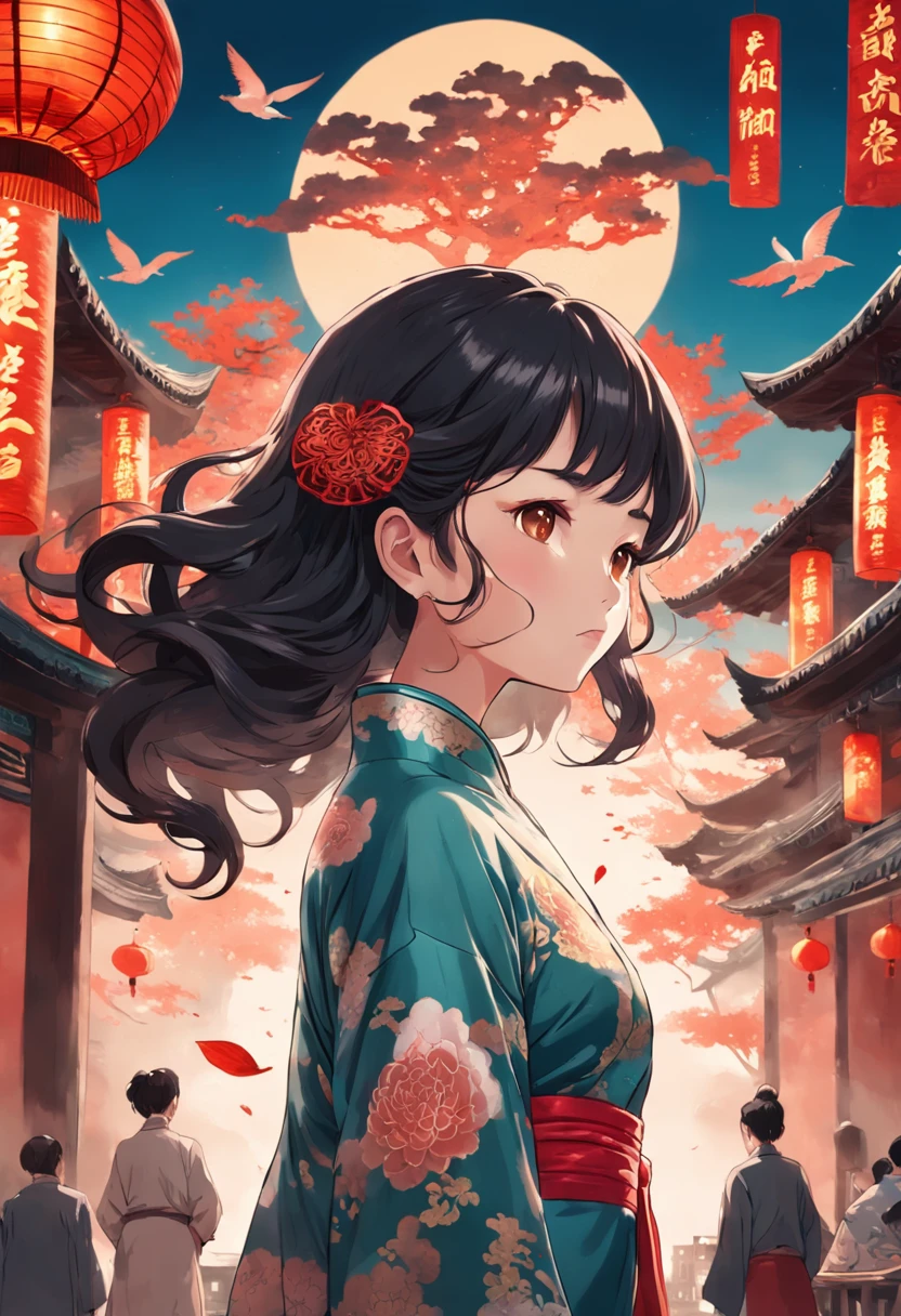 Poster style of old Shanghai,A woman in a cheongsam,Perm hair with big waves,Cup of tea in hand