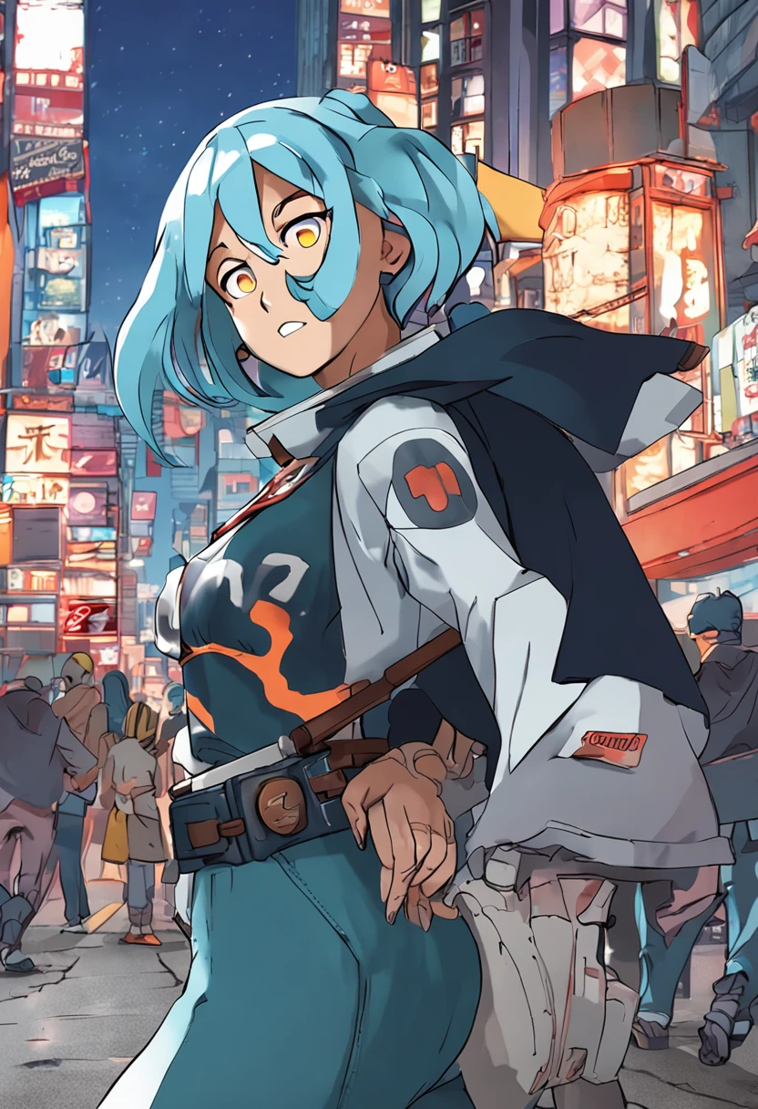 Kohei Horikoshi's masterpiece: Nejire Hado from My Hero Academia, known as Nejire-chan, beautifully portrayed in her costume with blue hair, set in a bustling big city. #mha #bnha #1girl #goodproportions #cityscape