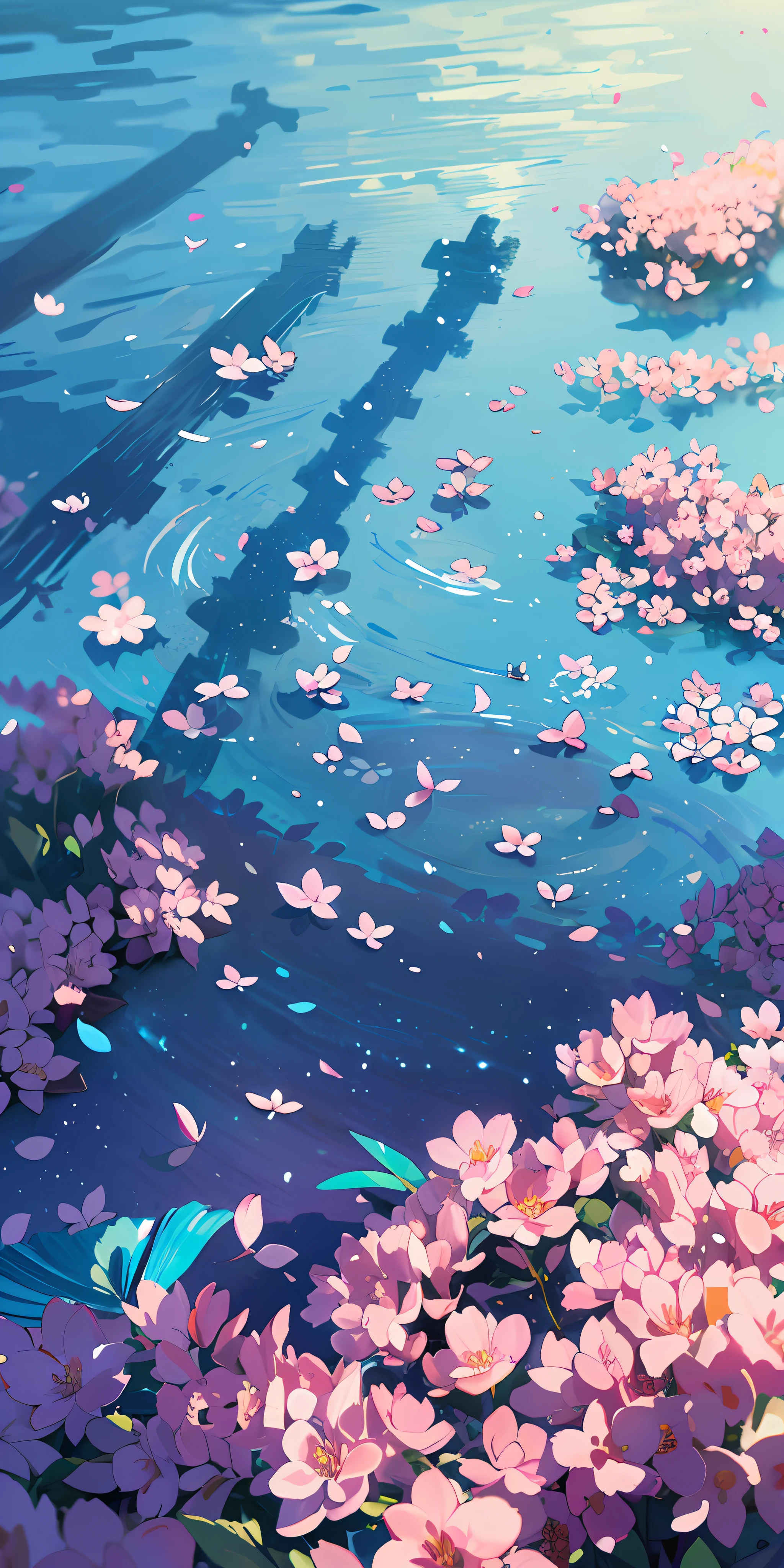Masterpiece, best quality, (very detailed CG unity 8k wallpaper) (best quality), (best illustration), (best shadows) Nature', blue sea,delicate leaves petals of various colors falling in the air light Tracking, super detailed --v6