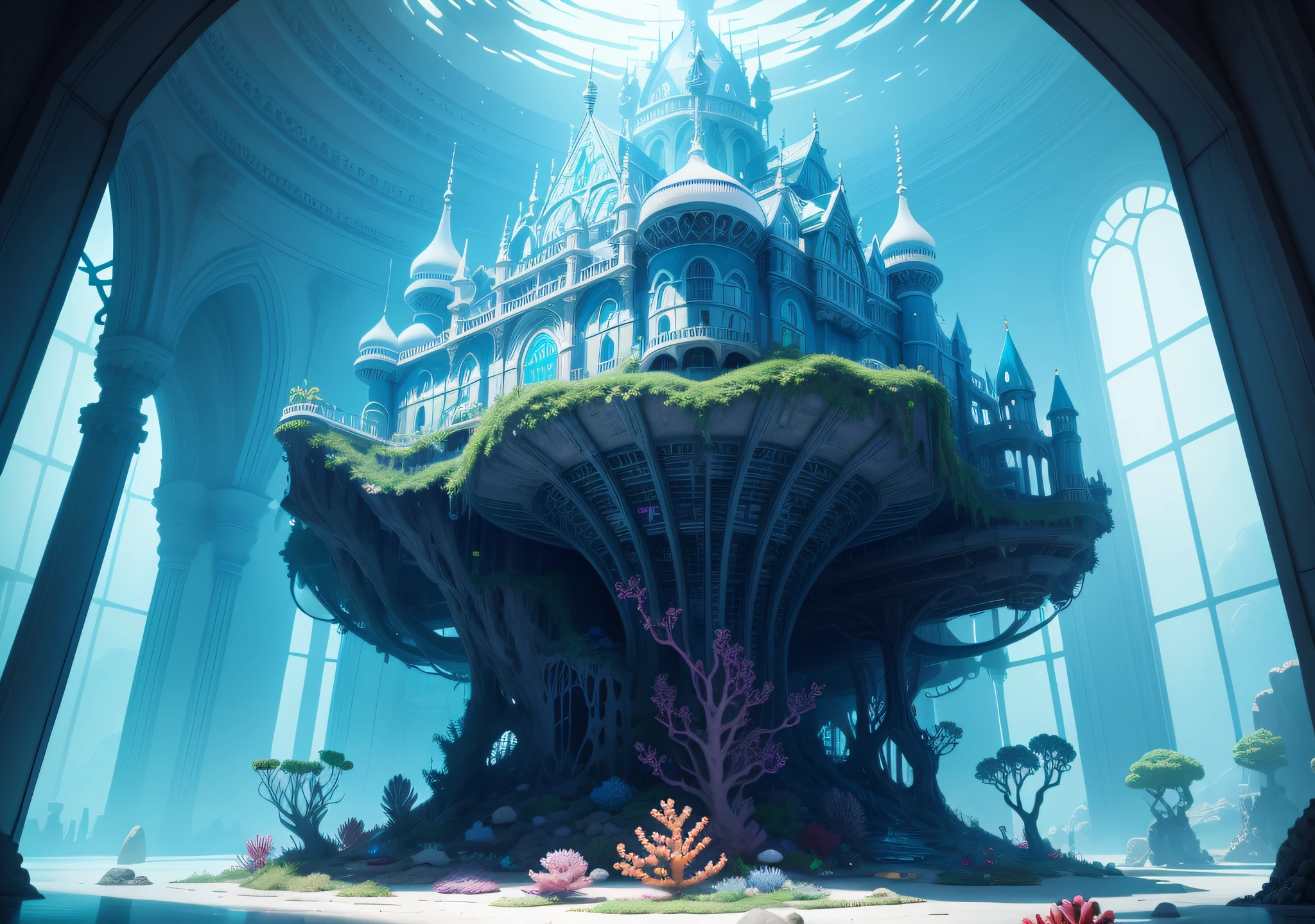 Undersea Palace, Fluorescent colorful plants, White coral, blueglow, Distant view,fantasy,intricately details,8K,Ultra HD,--no people,The entire structure of the building is clearly displayed