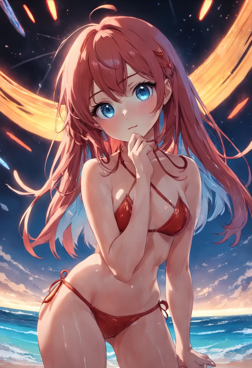 americana, loira, olhos vermelhos,, cabelo longo, wearing bikini, sorrindo, rosto molhado com esperma
