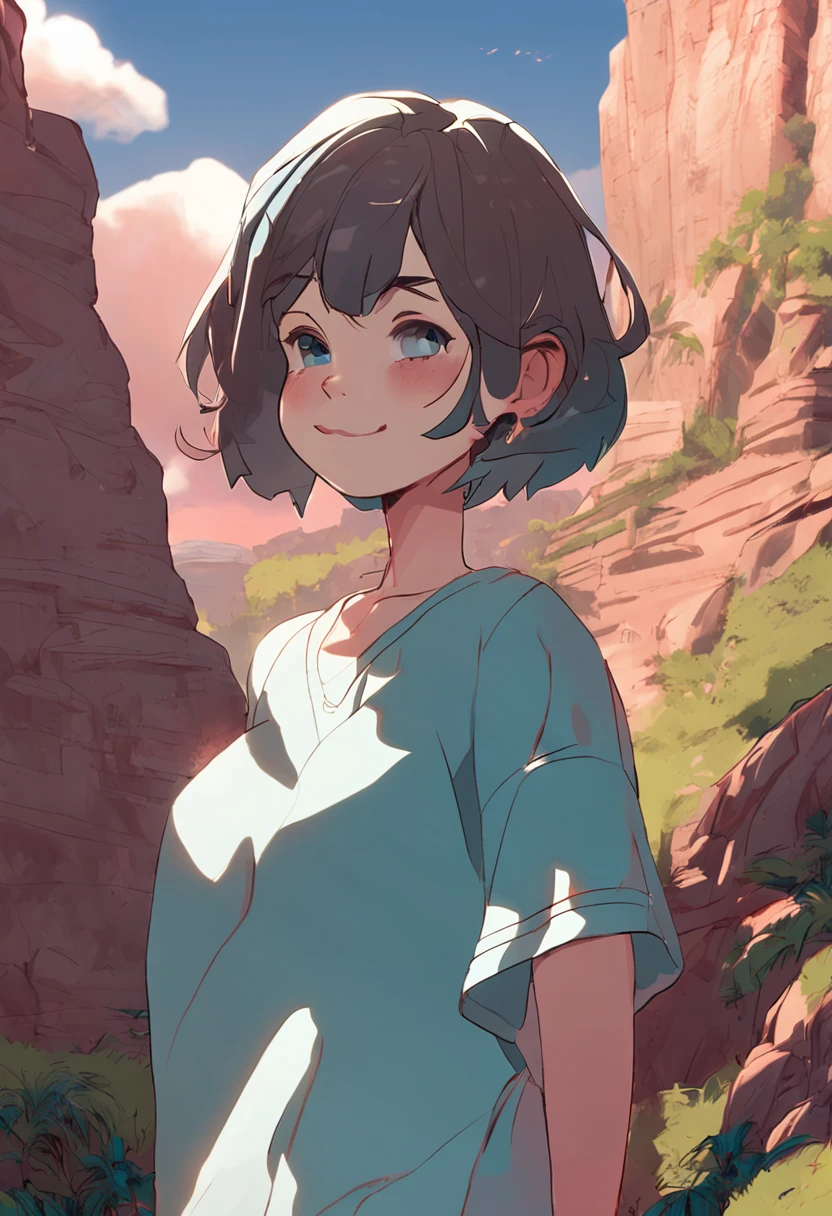 euladef, upper body, smile, blush, outdoors, day, simple background, blue sky, short hair, sky, temple, looking at viewer, stairs, mountain, moody lighting,