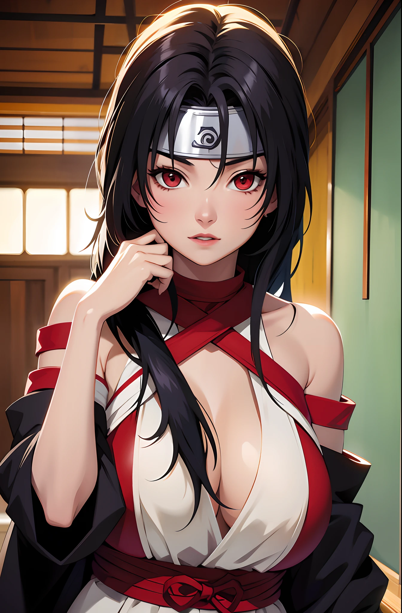 Nar_Kurenai_Yuhi,Forehead Protection,bandagens,corpo inteiroesbian,olhos vermelhos,Wariza,Traje fora do ombro,clivagem,peito pequeno