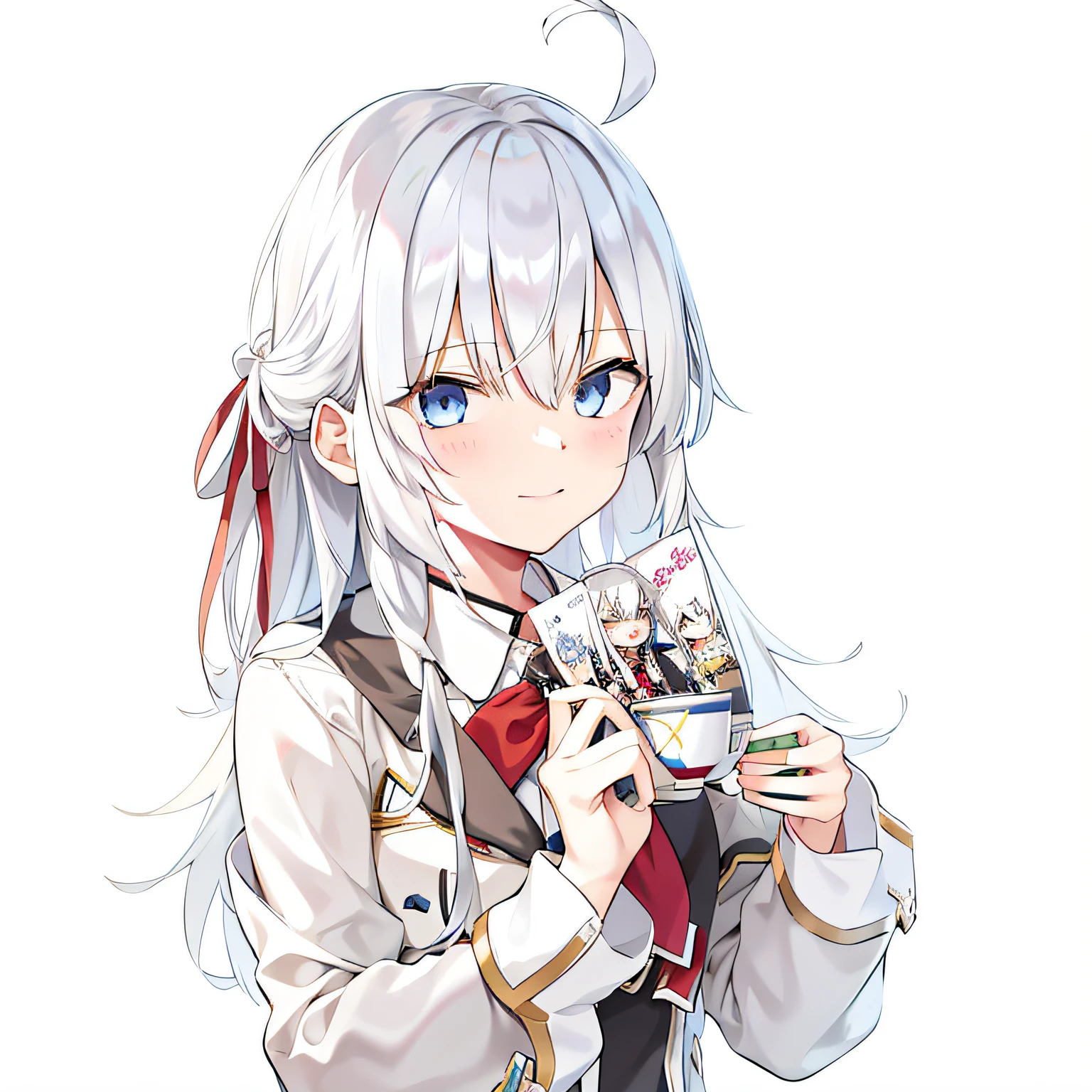 Anime girl with white hair holding a book and a mug, with index finger, Kantai collection style, white-haired god, from girls frontline, up of young anime girl, white haired Cangcang, crisp clear rpg portrait, Girl with white hair, White-haired, Perfect white haired girl, render of april, anime visual of a cute girl, anime moe art style, girls frontline style