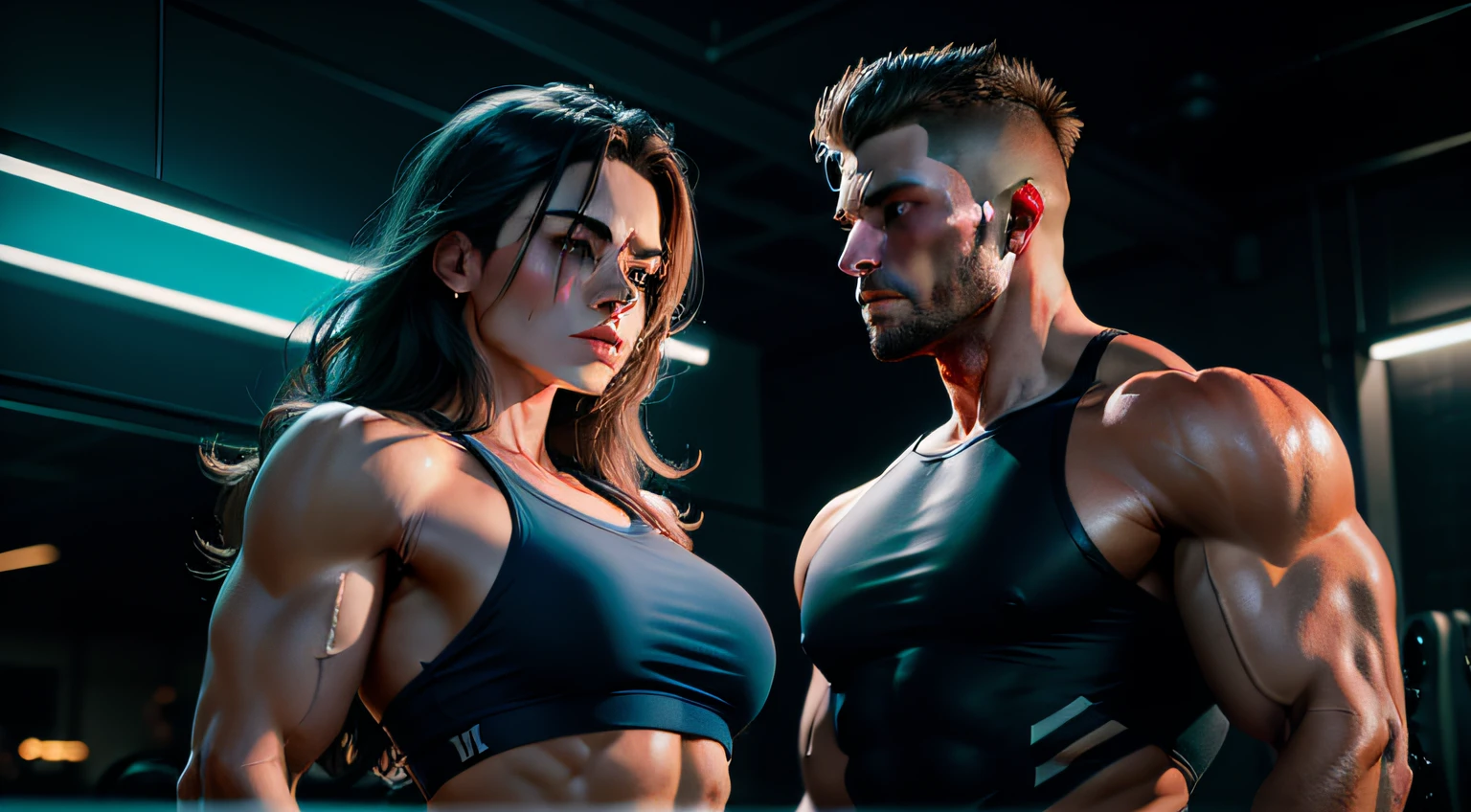 Make a muscular man and woman in a gym with a dark blue neon lighting showing the muscles with ultra realistic quality, qualidade de 8K , FullHD
