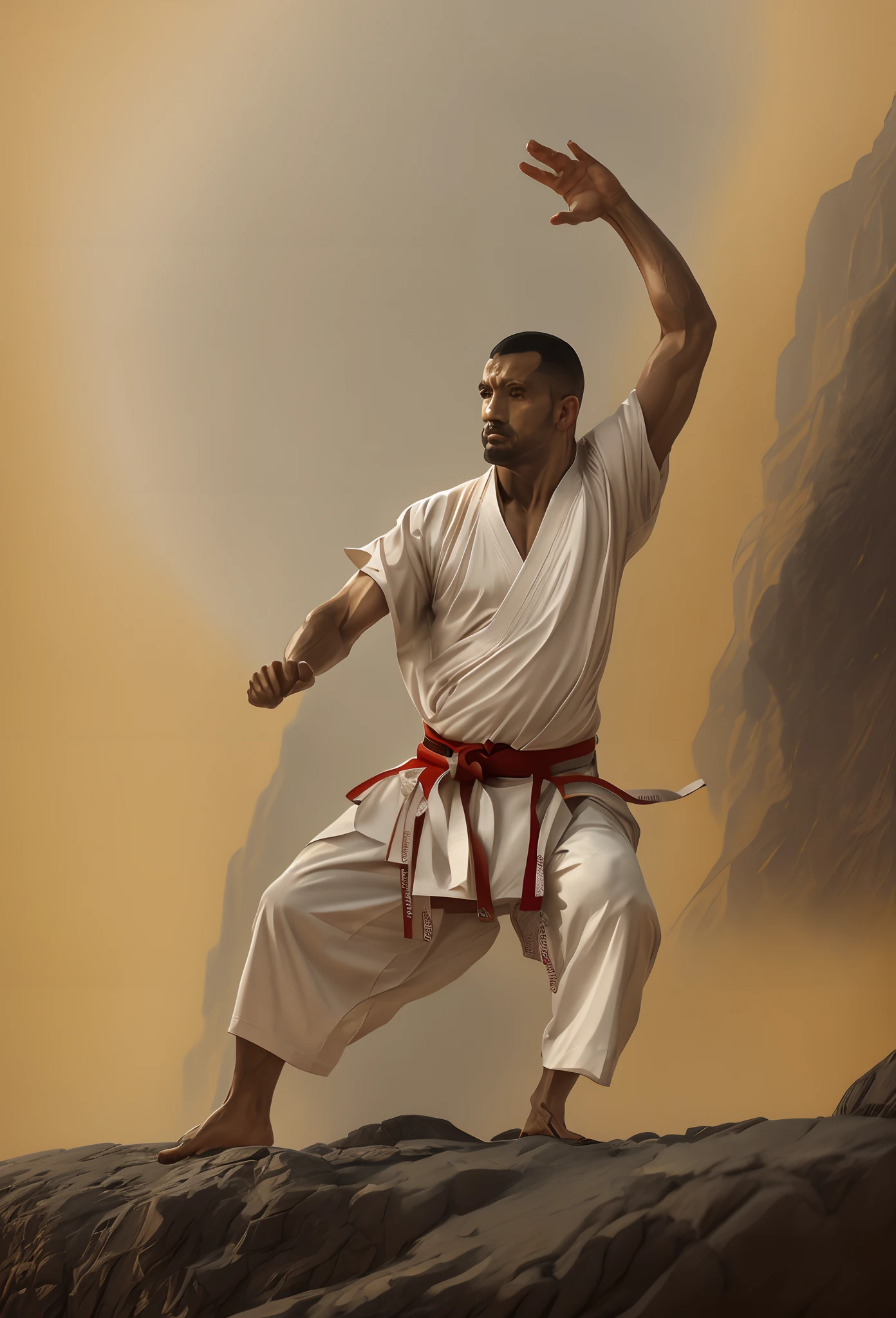 Man in yellow clothing doing a karate pose on a rock, Pose de arte marcial, artes marciais, em pose de luta, Karate Pose, dramatic action pose, in an action pose, fazer artes marciais, postura de luta, man standing in defensive pose, em uma postura de luta, dramatic powerful pose, inspirado em Ma Quan, Karate, karate outfit, postura de luta