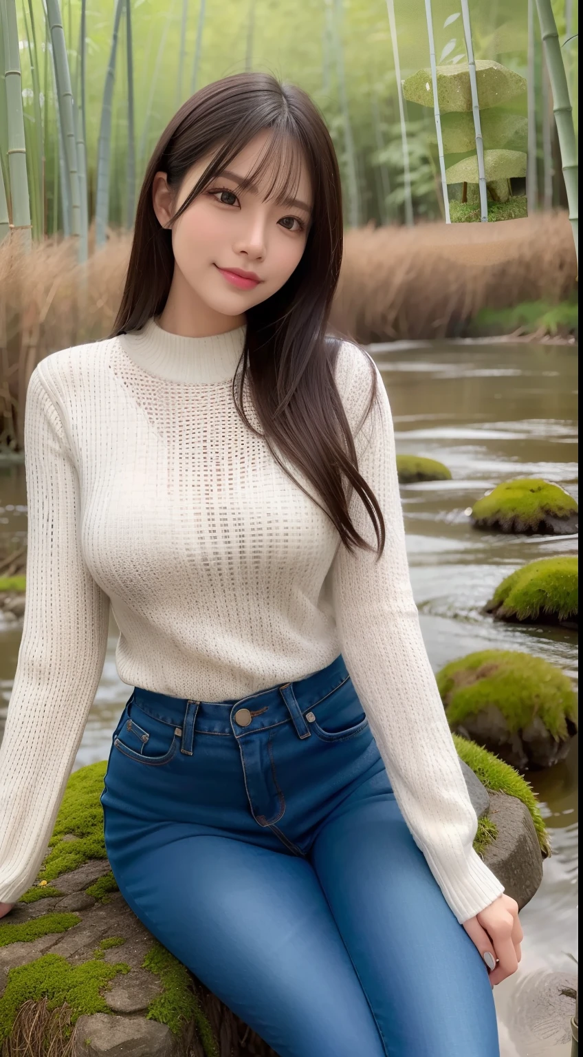 a pregirl，ssmile, looking at viewert，Soaked yarn clothes,skintight jeans，photore, realisticlying, Best quality at best， 详细的脸，Detailed eyes，Sitting on a large mossy stone in a bamboo forest， diffuselighting, depth of fields