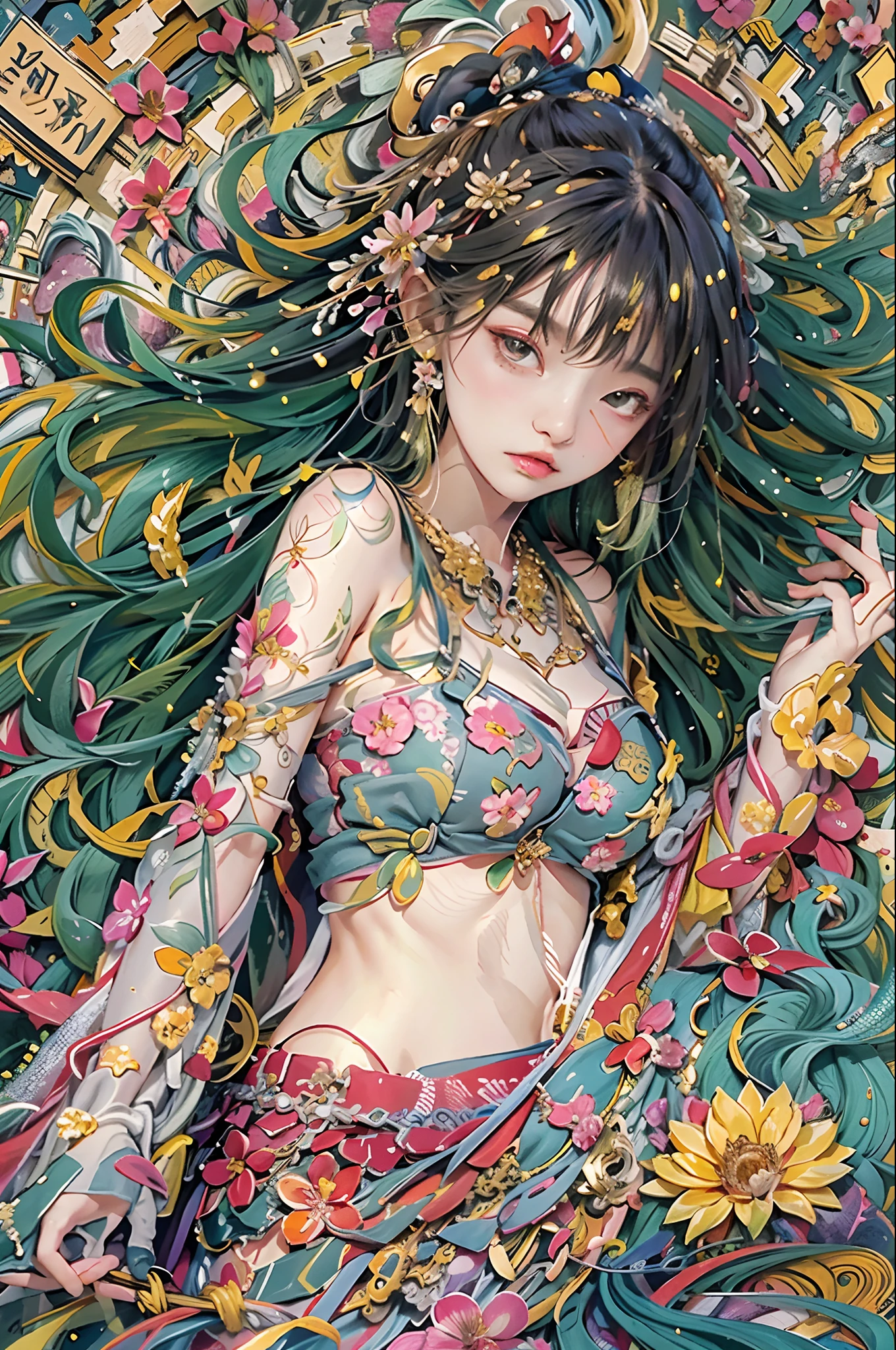 (Hyper-realistic) , (illustratio), (Increase the resolution), (8K), (RAW photos,best qualtiy),(realisticlying,photograph realistic:1.3),best qualtiy,highly detailed,tmasterpiece,Hyper-detailing,( the wallpaper), (详细的脸), 独奏,1girll,Extremely colorful,Most detailed,(zentangle:1.2),(dynamicposes) , (abstract backgrounds:1.5), (traditionalcostumes:1.2), (shiny skins), (many color:1.4), The upper part of the body),Highest detail,(zentangle:1.2), (dynamicposes), (abstract backgrounds:1.3), (shiny skins), (Lots of flowers:1.4), ,(耳Nipple Ring:1.4), (feater:1.4)。