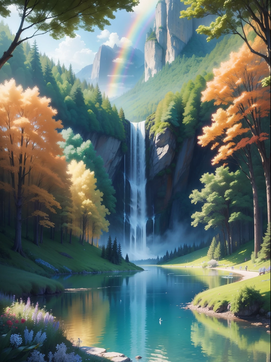 "Por favor, create a high-resolution, imagem realista de uma floresta exuberante. Include a variety of animals roaming among the trees, colorful birds flying in the sky, A serene lake of blue waters reflecting the landscape, alto, majestic trees, vibrant flowers strewn across the floor and a rainbow arching gently over the scene."
