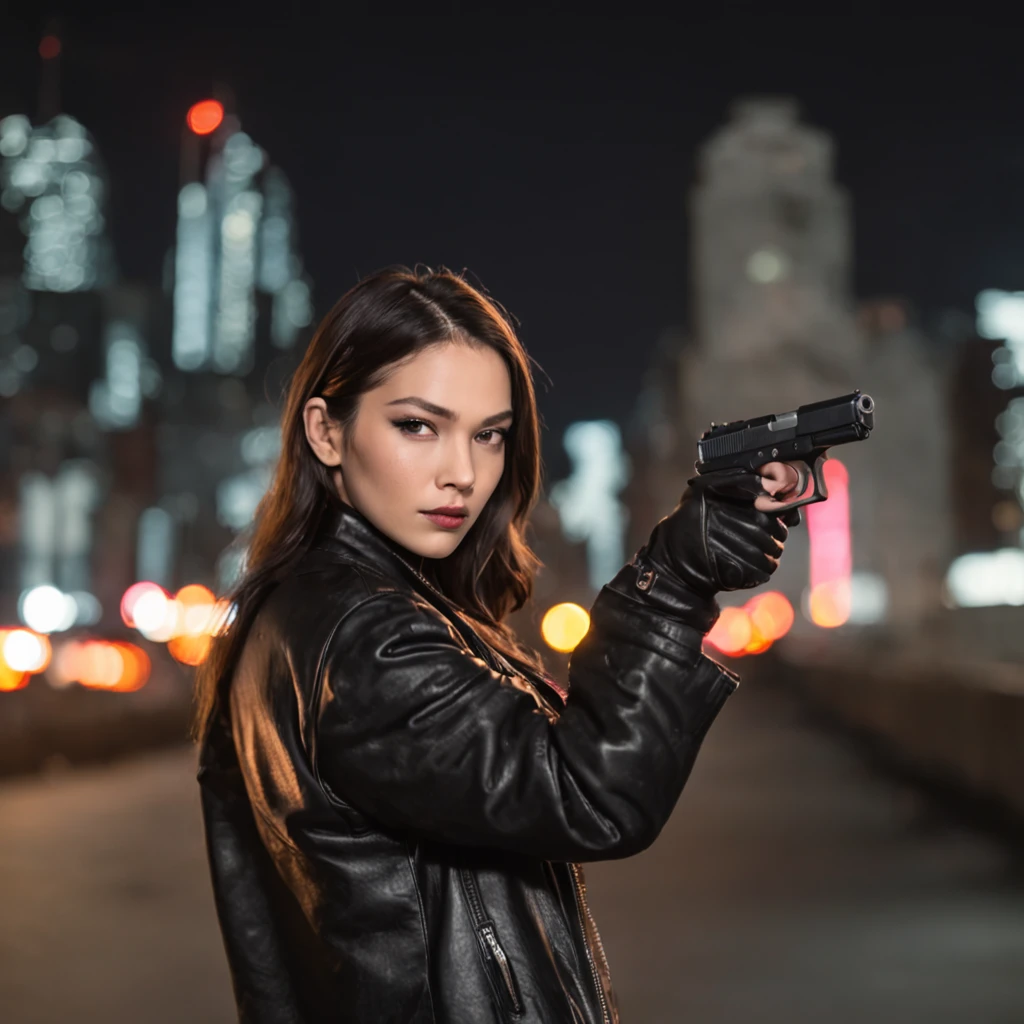 In the heart of a bustling metropolis, a woman stands resolute, a gun gripped firmly in her hand. Her eyes are a reflection of her determination, focused and unyielding. The city lights paint a vibrant backdrop, casting a striking contrast against her dark attire. She's a figure of power and intrigue, her stance exuding an air of mystery. Captured by Ellen von Unwerth, using a Fujifilm X-T4 with a 50mm lens, the lighting plays with both natural and neon elements, giving the scene an urban edge.