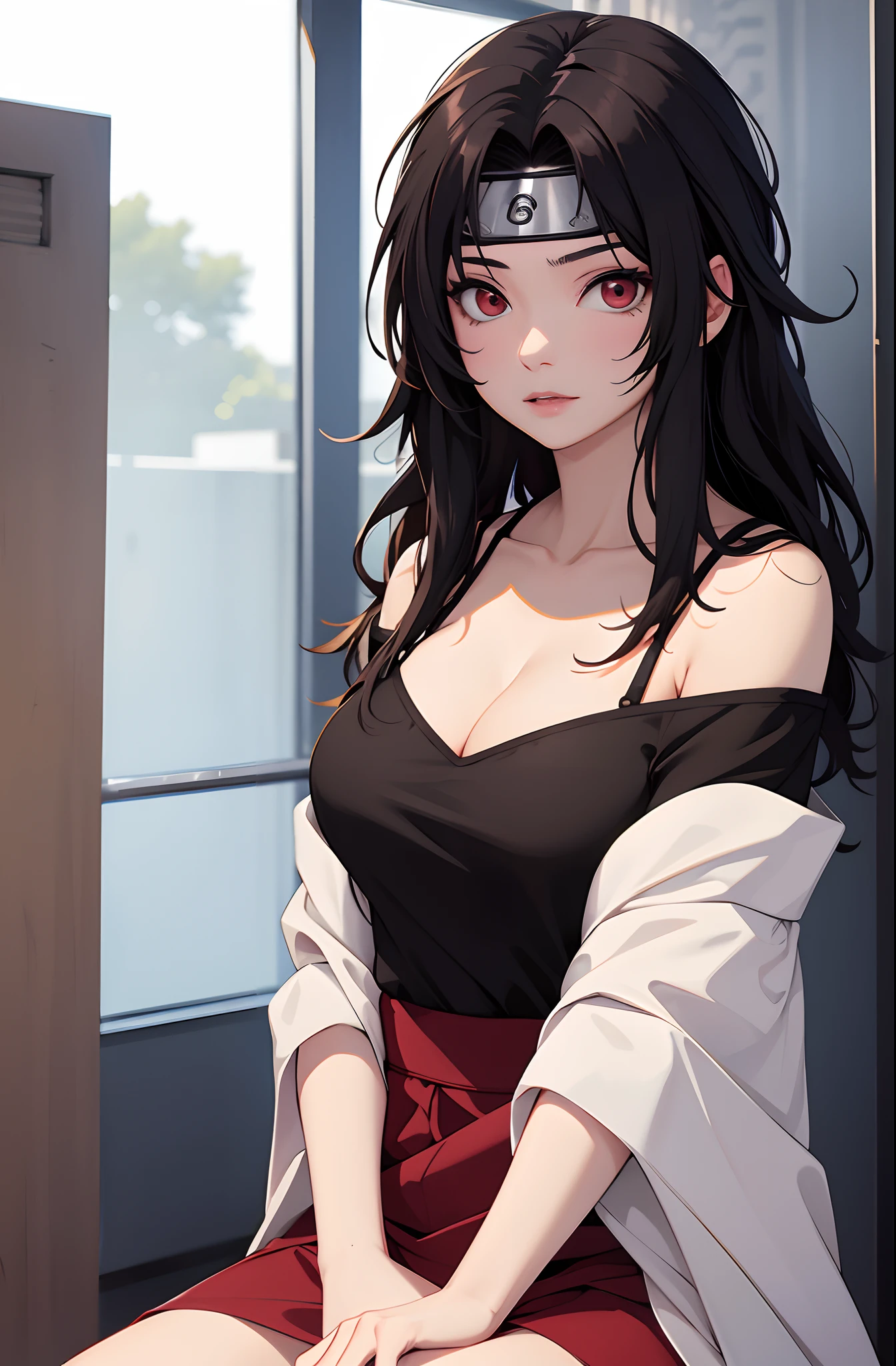 Nar_Kurenai_Yuhi,Forehead Protection,bandagens,corpo inteiroesbian,olhos vermelhos,Wariza,Traje fora do ombro,clivagem,peito pequeno