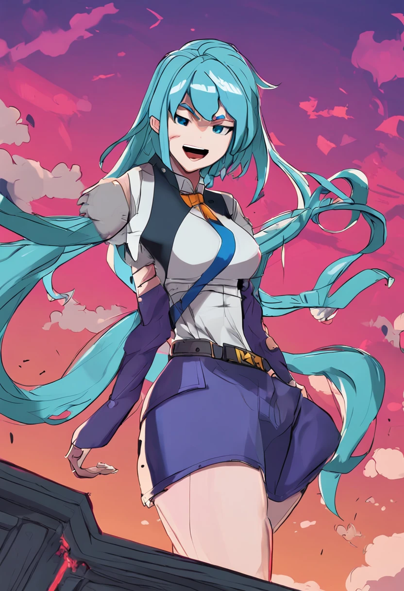 Kohei Horikoshi's masterpiece: Nejire Hado from My Hero Academia, known as Nejire-chan, beautifully portrayed in her hero costume with blue hair, set in a bustling big city. #mha #bnha #1girl #goodproportions #cityscape