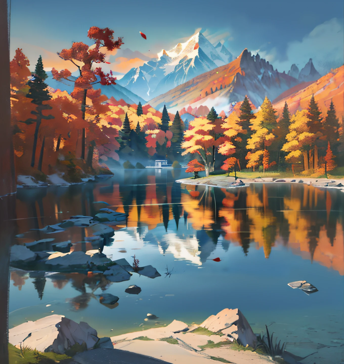 Draw an alpine lake,scenery art detailed, landscape artwork, Detailed painting 4 K, beautiful detailed scene, hyperrealistic fall, stylised painting, background artwork, landscape painting, environment painting, highly detailed scenario, autumn mountains, 4k highly detailed digital art, detailed digital artwork