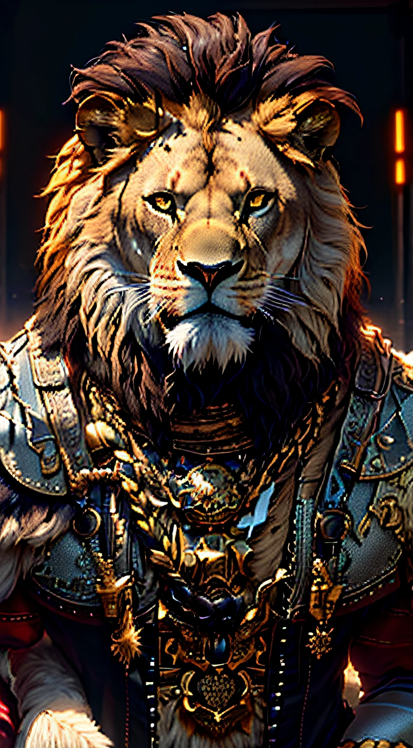 Araffe dressed in a costume with a lion's head and a chain around his neck, ps5 cinematic screen capture, lion warrior, estilo fantasia 8 k octane render, 4K fantasia detalhe, renderizado no Unreal Engine 5, Aslan the Lion, 8k texturizado altamente detalhado, Textura altamente detalhada 8K, cinematic highly detailed, dramatic cinematic detailed fur, detailed cinematic render