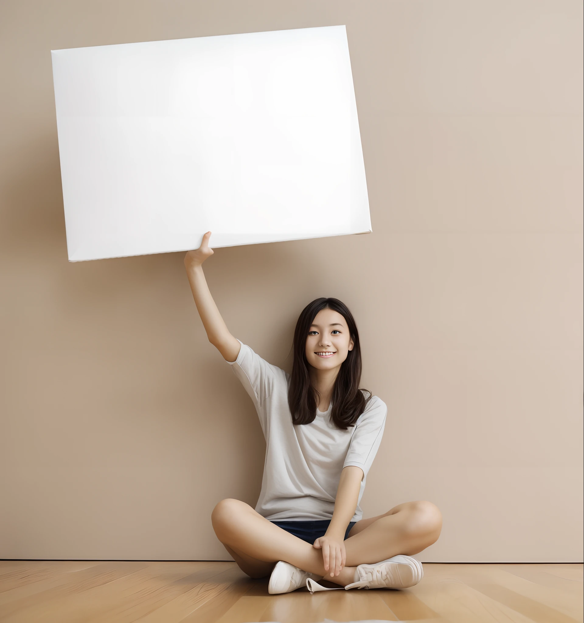Bright living room space，one japanese girl，Sit on the living room floor，White cardboard in his hand