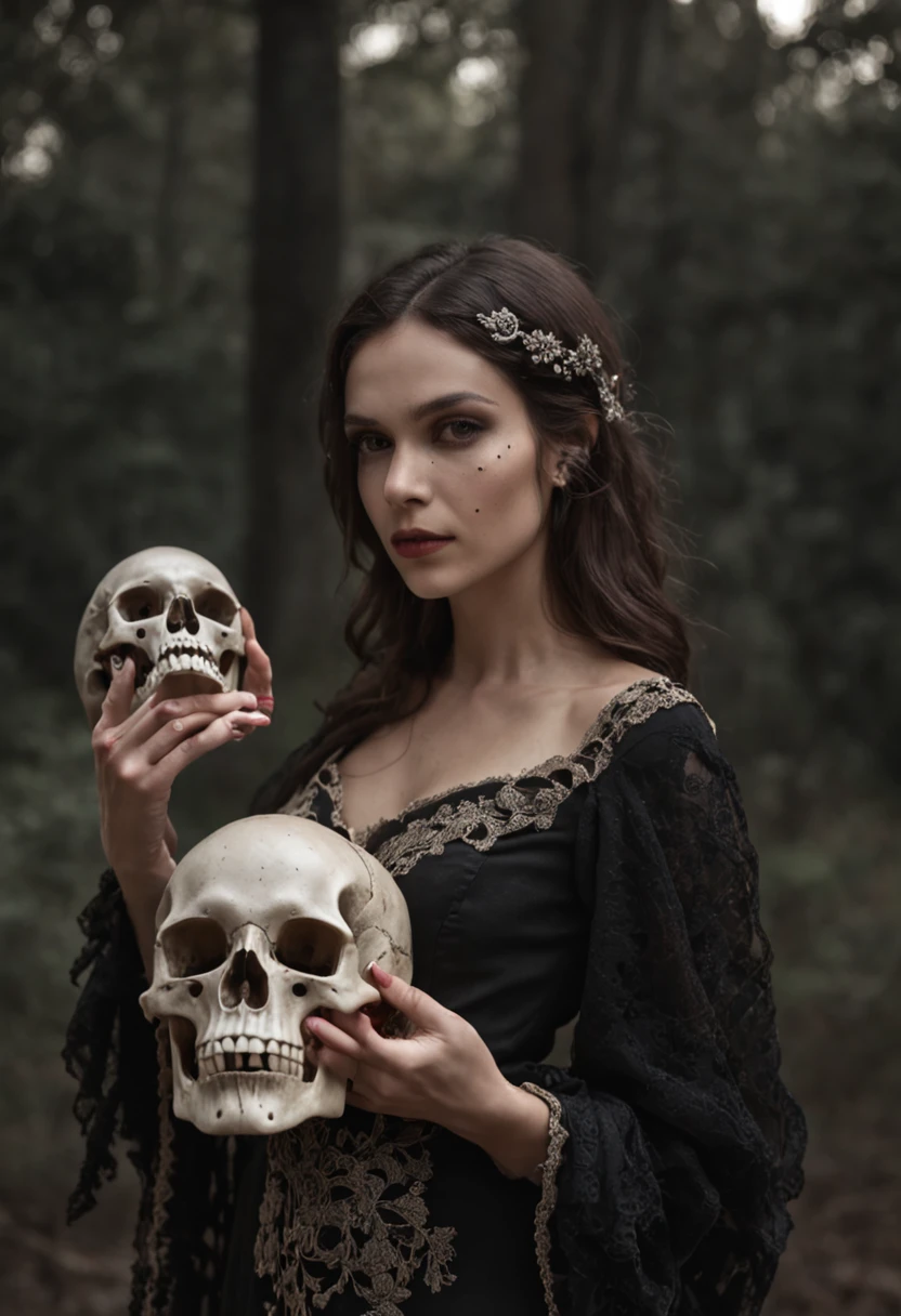 Mulher com mascara de caveira, seria, mulheres usando uma roupa medieval justa no corpo com uma longa capa preta ((mulher com raiva, olhos de fogo)), mulher linda de cabelos ondulados castanhos, com rosas de enfeite em seus cabelos, ((Woman holding a skull skull in her hands)),She stands in front of a large catacomb in a shadowy cemetery, noite escura e sombria, imagem sombria, caveira mexicana, Woman at night in a macabre cemetery, realismo, super detalhado