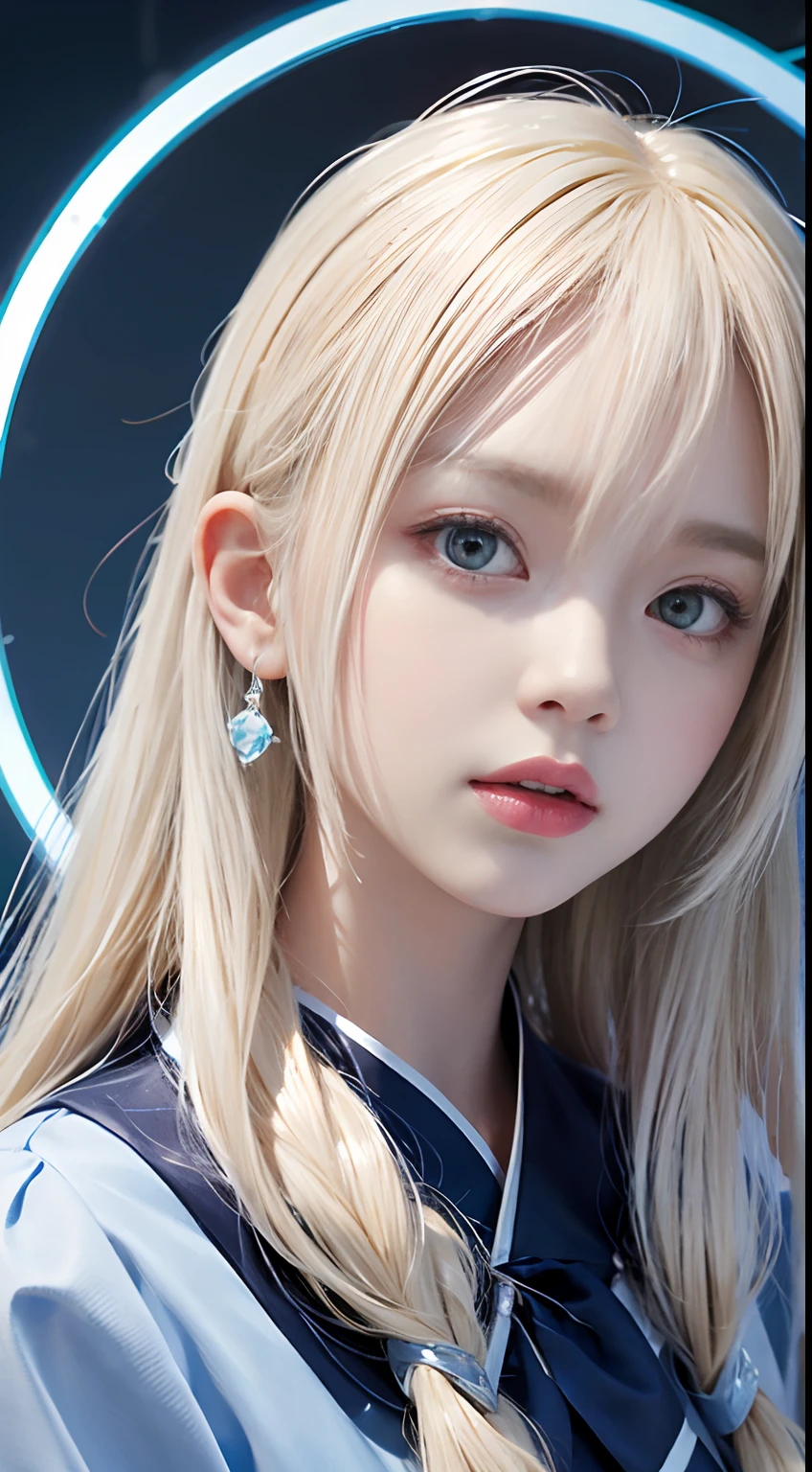 1 girl、porate、Student clothes、blue-sky、Bright and very beautiful face、年轻, shiny white shiny skin、Best Looks、Blonde hair with dazzling light reflection、Beautiful platinum blonde hair is super filament-like straight and shiny、Long bangs、Very beautiful 、Big eyes that shine crystal clear light blue、Beautiful cute beautiful girl