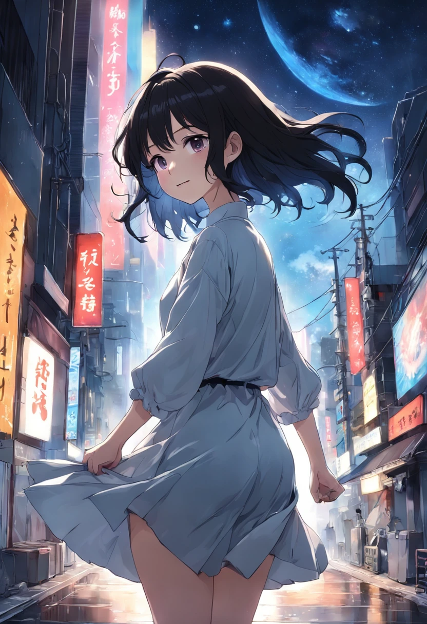 Anime girl in a dress walking down a street at night - SeaArt AI