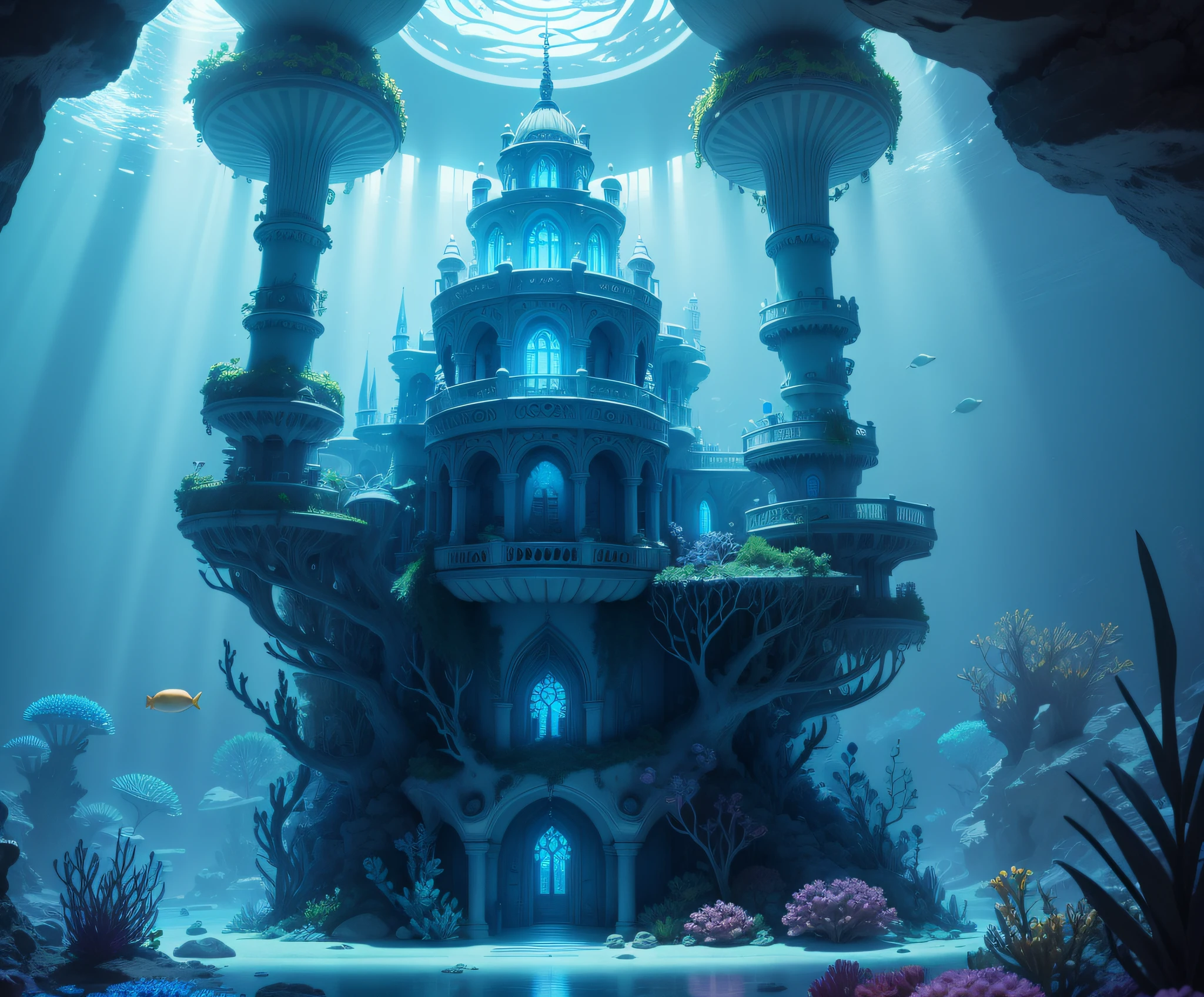 Undersea Palace, Fluorescent colorful plants, White coral, Blue light rays, Distant view,fantasy,intricately details,8K,Ultra HD,--no people