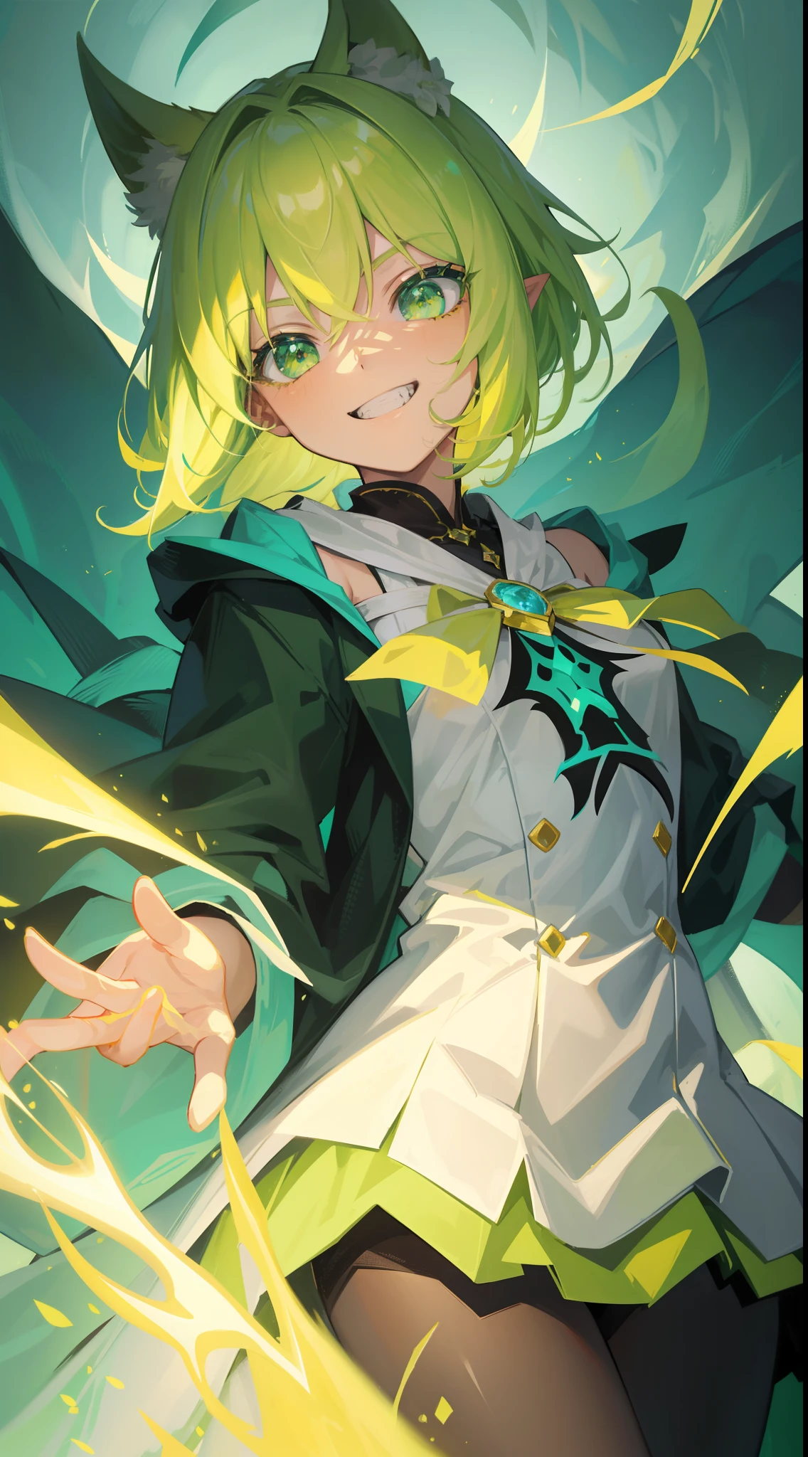 {{Best quality}}, {{Masterpiece}}, {{super ultra detail}}, {{illustration}}, {{Detailed light}}, one-girl,Lime yellow hair,Gradient, Turquoise eyes, style, beast ear,The robes of the priests,green color,(Dynamic lighting:1.2),horrifying grin