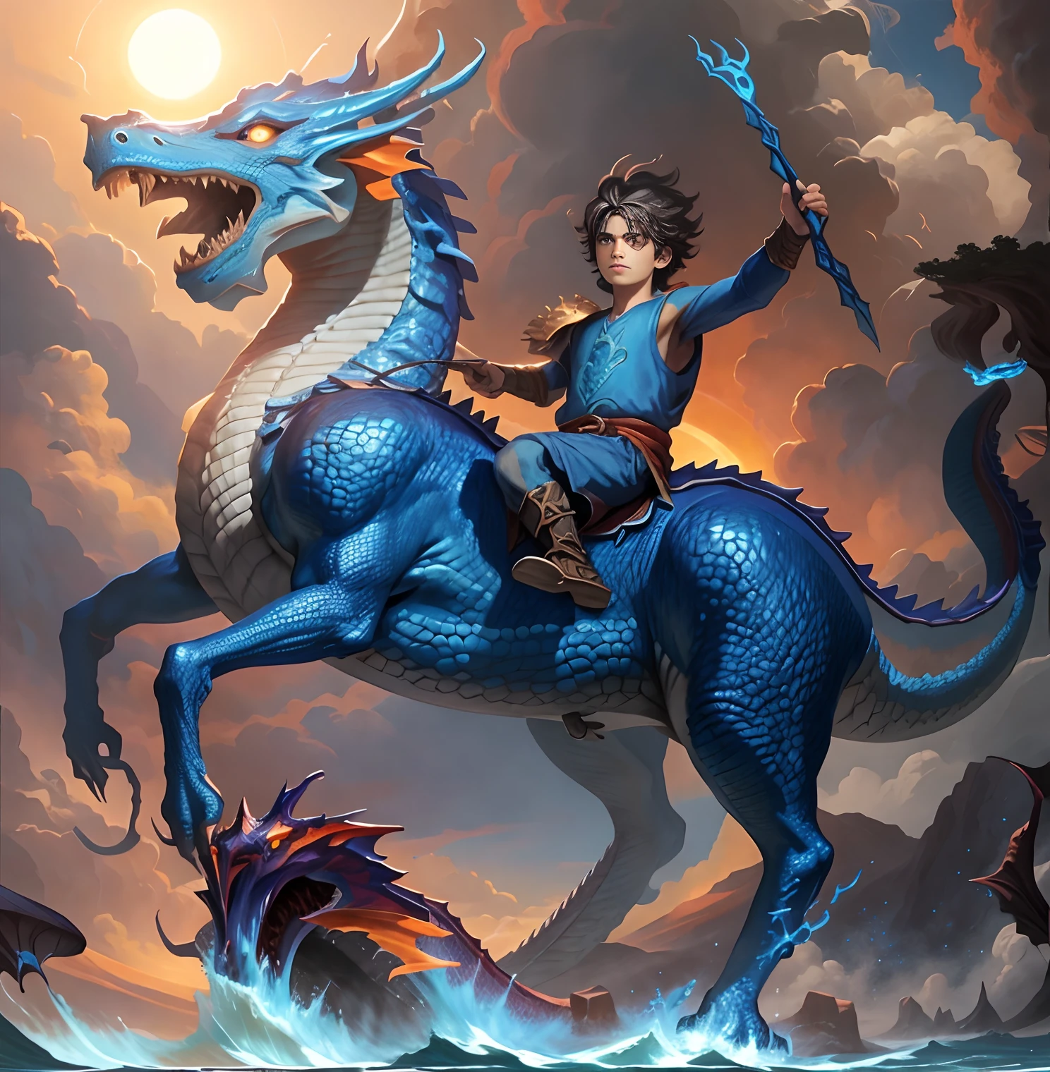 Close-up of a boy riding a blue dragon on the waves....,evening,Orange Sun,Dragon Rider, epic fantasy digital art style, Dragon Ride, epic fantasy art style, digital painting greek mythology, Epic Fantasy Illustration, Rob Ray, Joe Biden rides a dragon, Digital Fantasy Illustration, detailed digital 2d fantasy art, epic fantasy style art, Jesus rides a dragon, epic fantasy art style hd