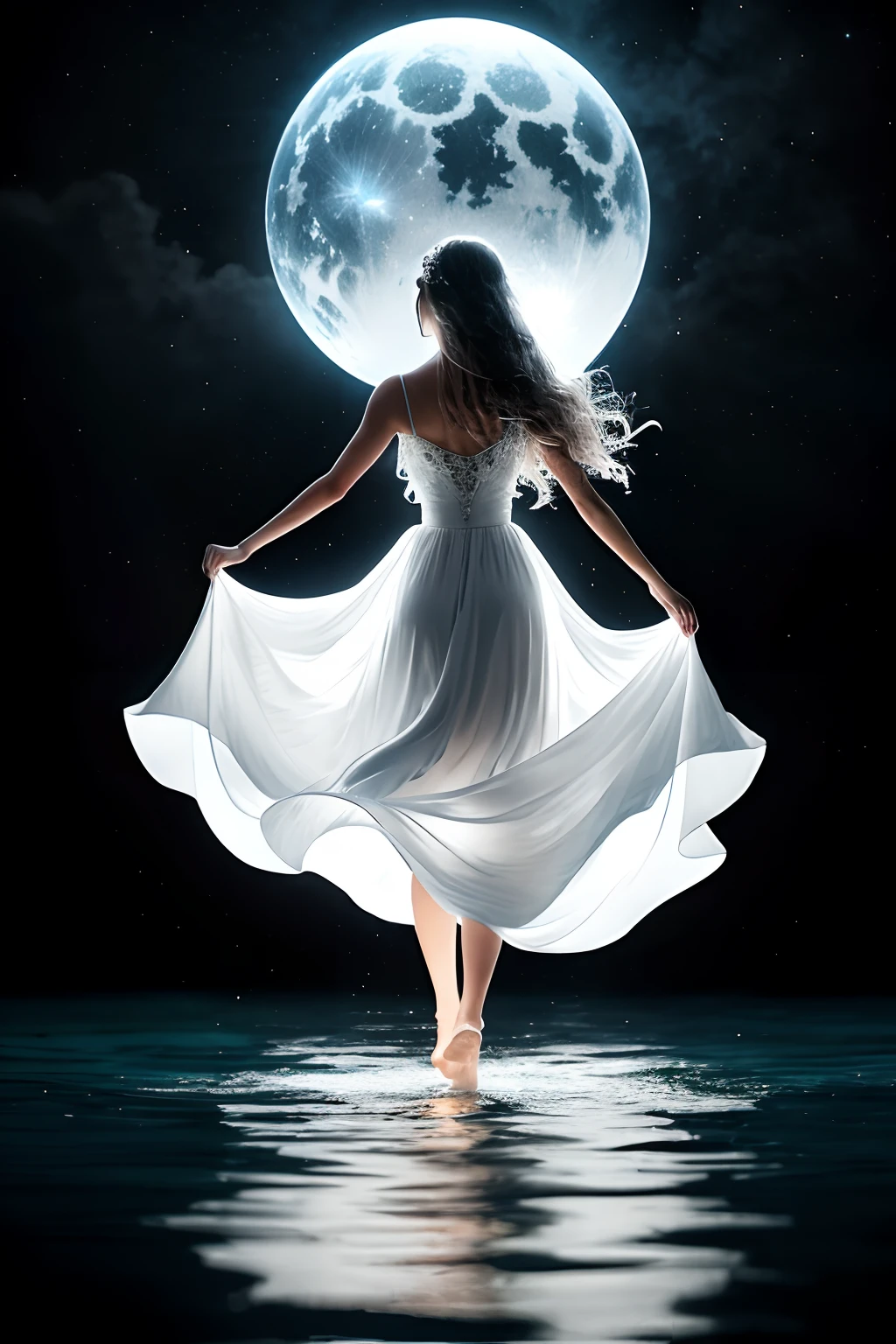 Beautiful woman as a goddess in white dress standing in sea water with flowing dress, realista, barefoot, Rosto iluminado, mystique, Como uma deusa, olhos iluminados, pale skinned, deusa, pegue a chave, de colar de diamante, Pearls in water, a noite, starly sky, sky with galaxy, lua cheia no fundo, Como uma deusa, walking on water, mulher iluminada, blue water, wearing a white flowing dress, white flowing dress, she is floating in the air, flowing white robes, tiptoes, Flowing dress, lindo vestido branco longo longo, Wearing a flowing dress, flutuando no ar, vestido branco longo, Pose flutuante elegante, cabelo flutuando ao vento, Girl in white dress dancing, mistic, Magic, realista, chocante, Escuro, Dramatic, Espiritual, mystery, deusa