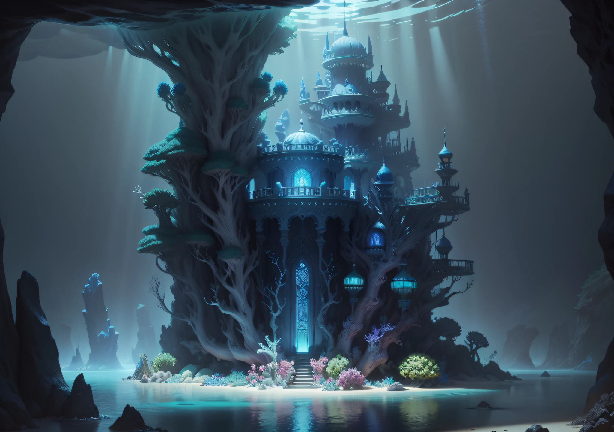 Undersea Palace, Fluorescent colorful plants, White coral, Blue light rays, Distant view,fantasy,intricately details,8K,Ultra HD,--no people