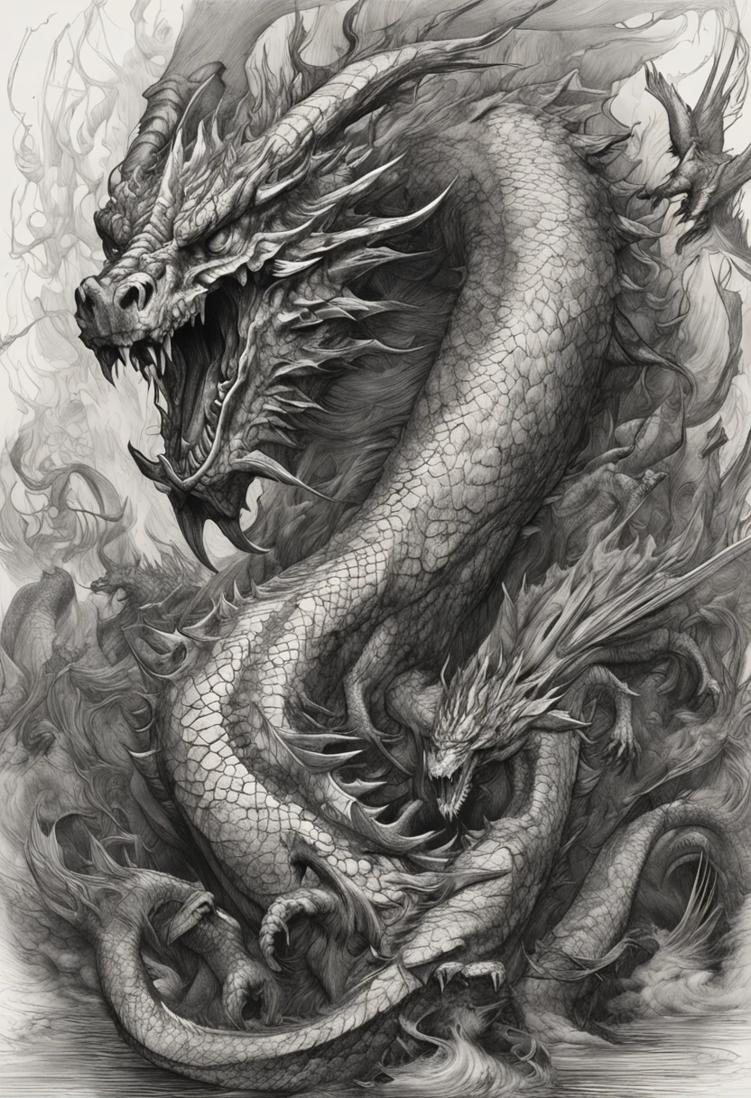A dragon flies through the air,In the style of colorful ink painting,Gesture markers,Light black and gray,Humorous animal scenes,striking scenery,Clear framework