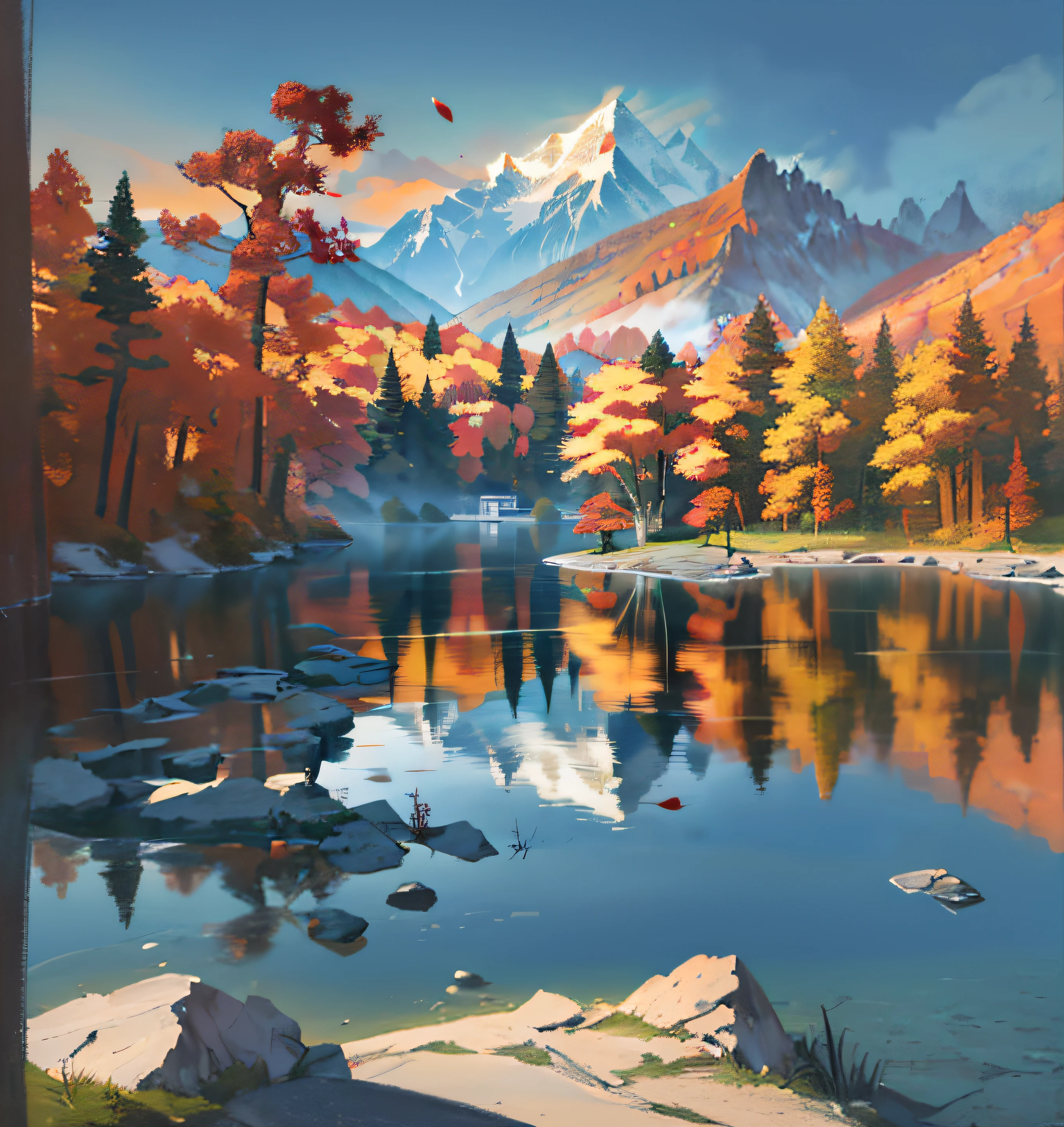 Draw an alpine lake,scenery art detailed, landscape artwork, Detailed painting 4 K, beautiful detailed scene, hyperrealistic fall, stylised painting, background artwork, landscape painting, environment painting, highly detailed scenario, autumn mountains, 4k highly detailed digital art, detailed digital artwork
