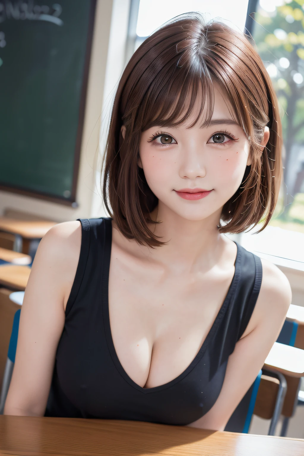 (Realistic, Photorealistic: 1.37), (masutepiece, Best Quality: 1.2), (Ultra High Resolution: 1.2), (Raw photo: 1.2, Shots at Nikon), (Sharp Focus: 1.3), (Face Focus: 1.37), (Ultra detailed CG unified 8k wallpaper: 1.2), (Beautiful skin: 1.2), (pale skin: 1.3), (hyper-sharp focus: 1.5), (Ultra Sharp Focus: 1.5), ( Beautiful pretty face: 1.3), (hyper detailed background, Detail Background: 1.3), BREAK, very cute and beautiful Japan pictures of women, (sexymodel), professional attire, (22 years old: 1.1), Portrait of a girl with a bright smile, Upper body image, When viewed from the front, The composition is symmetrical, (Studio Lighting: 1.3), (Cinematic lights: 1.3), (Backlight: 1.3), Dim lighting, lighting that covers the whole body, (looking straight at you, Standing:1.3, Arms Down:1.3, random, model poses), BREAK, (shiny-brown half-up thin hair: 1.2), dark brown eyes, upward-eyed, Beautiful eyes, Princess Eyes, ((Brown hair:1.3)), Single hair, Bangs, hair between eye, Long hair, curby, (huge-breasted;1.37, Big Breast:1.37, Big cleavage:1.37), (Detailed beautiful girl: 1.4), (Bare shoulder, Chest squeezed together, View Viewer,Teacher's fashion style, A charming expression), Solo, Parted lips, Pink lips, (Shiny skin), Sweat, (School room background:1.5), (light seductive smile:1.25), ((Perfect female body)), (Upper body image:1.3), Frame the head, Perfect Anatomy, Perfect proportions, 8.5 life-size, Face Focus, hyper realistic photography, Hyper Sharp Image, Hyper Detail Image,Mole under the eyes:1.2,(thick body:1.4),(short cut hair),fold your arms behind head:1.5,Upper body,school uniform
