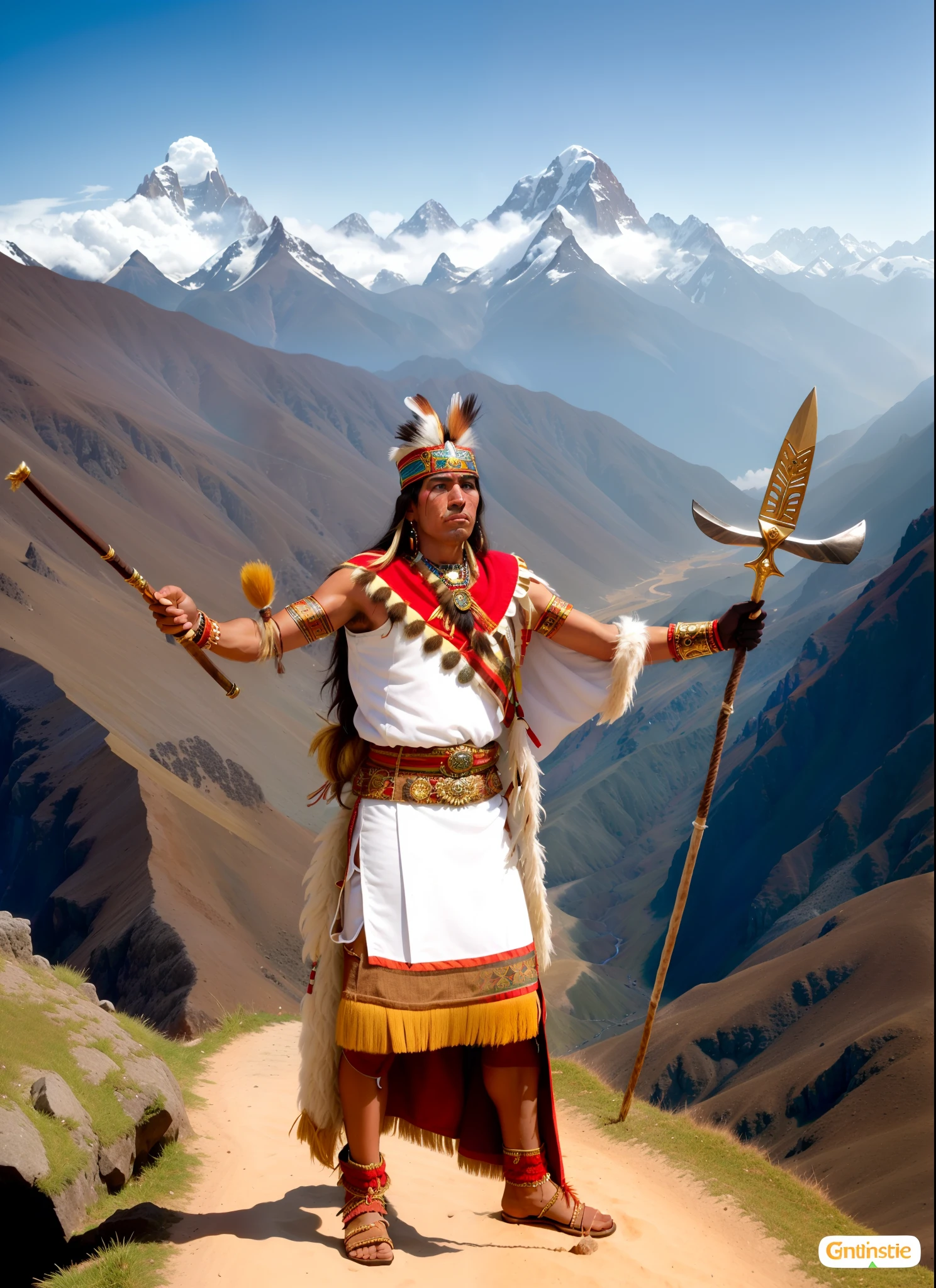 indigenous warrior of the Inca empire, in white clothing, walking with a staff over the Andes mountain range, he has a scepter in his hand, detailed, looking at camera, natural light, 8k, hyperrealistic, Inca man in a costume with a scepter in his hand, Quechua, Estilo Inca, Um guerreiro asteca, quechua!, guerreiro azteca, quechua, Deus asteca, guerreiro yaotl asteca, Guerreiro asteca, usando roupas inka