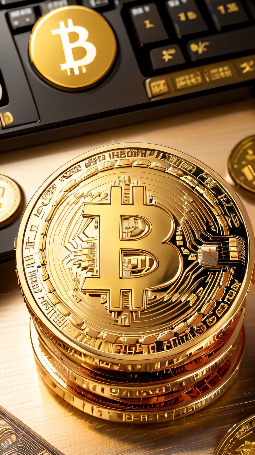 a close up of a golden bitcoin on a white background, bitcoin, cryptocurrency, crypto, coin, coin with the letter B, bitcoin evil, high quality image, high quality product image”, leaked image, cryptocurrency in the background, computer generated, typical cryptocurrency nerd, satoshi, 3 d models, 3d models, by Benjamin Block, computer - generated