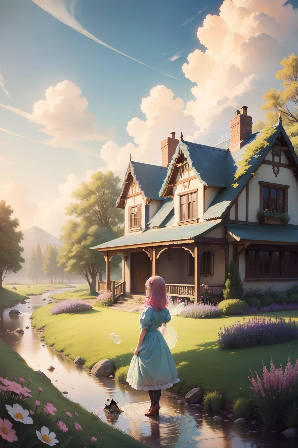 A beautiful picture，Fairy tale illustration style，cotton candy cloud，Small grass and flowers，Dreamy picture，A  girl wearing a dress skirt at the front，Stand in front of the house，There is a river flowing next to it，A sight during the day