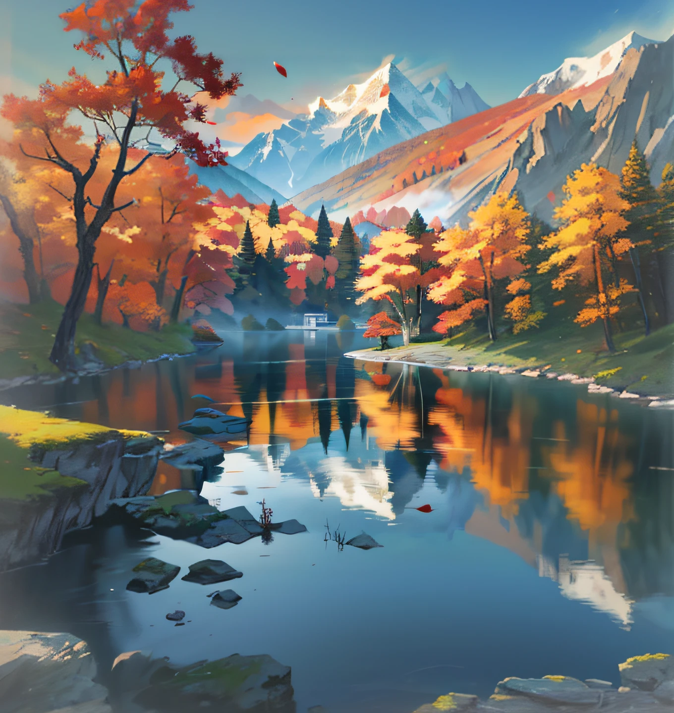 Draw an alpine lake,scenery art detailed, landscape artwork, Detailed painting 4 K, beautiful detailed scene, hyperrealistic fall, stylised painting, background artwork, landscape painting, environment painting, highly detailed scenario, autumn mountains, 4k highly detailed digital art, detailed digital artwork