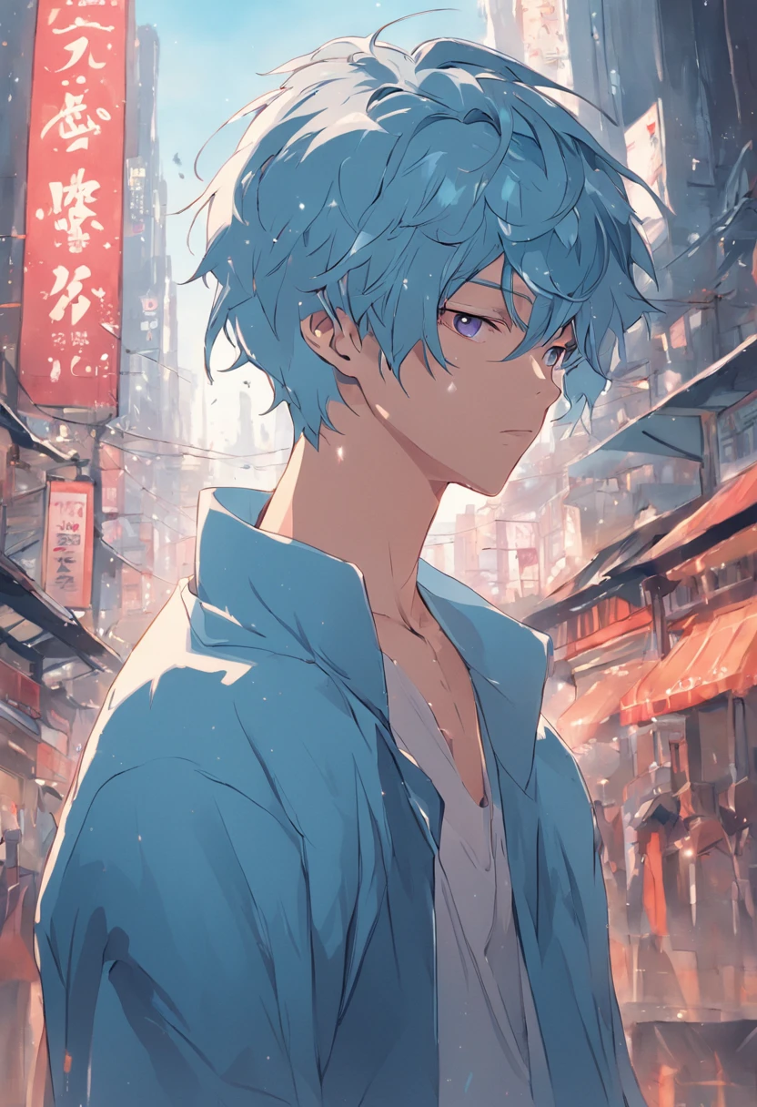 Beautiful boy, light blue short hair, (city background: 1.2), digital art, popular on art station, highly detailed, fine detail, complex, beautiful, shine with detail, detail, cinematic, precise, sharp focus, smooth, Aesthetic, shirtless, unclothed, six piece body