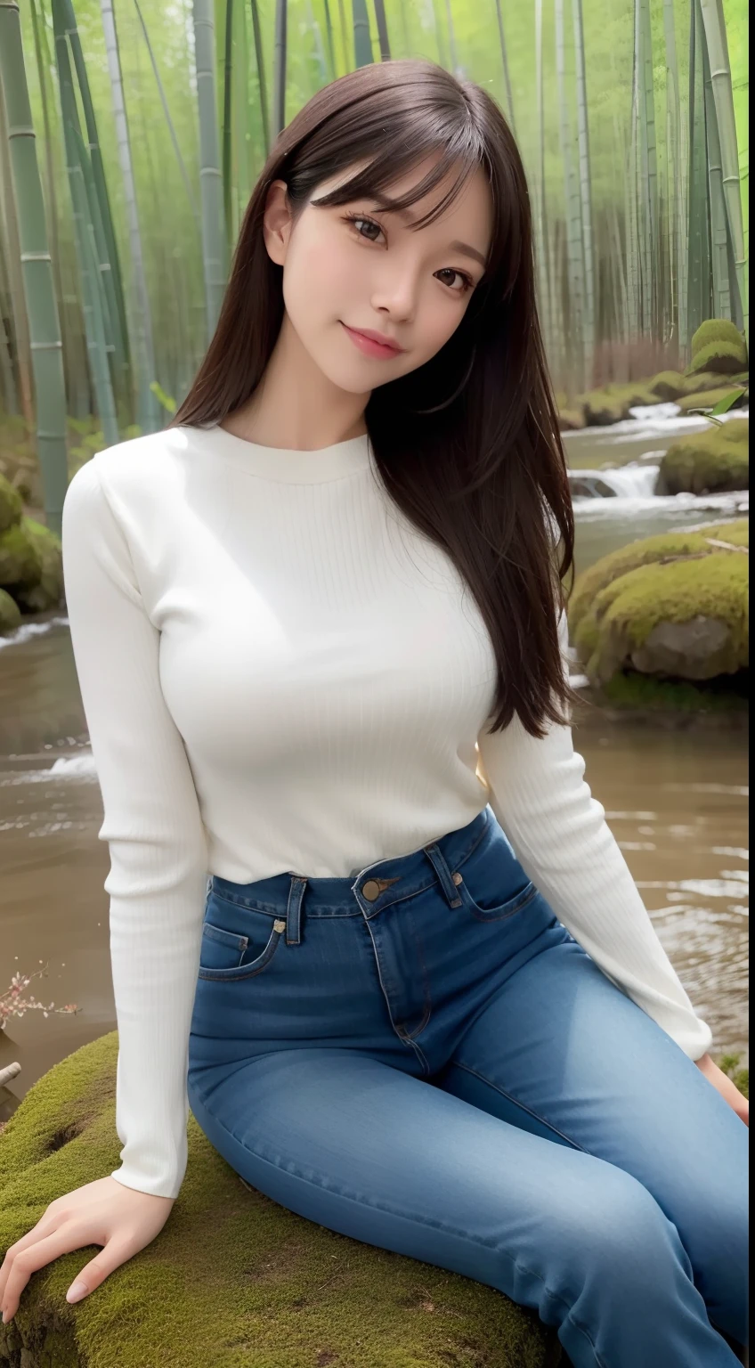 a pregirl,ssmile,looking at viewert,Tight sweater,skintight jeans,photore, realisticlying, Best quality at best, 详细的脸,Detailed eyes,Sitting sideways on a large mossy stone in a bamboo forest,It is surrounded by a river, diffuselighting, depth of fields
