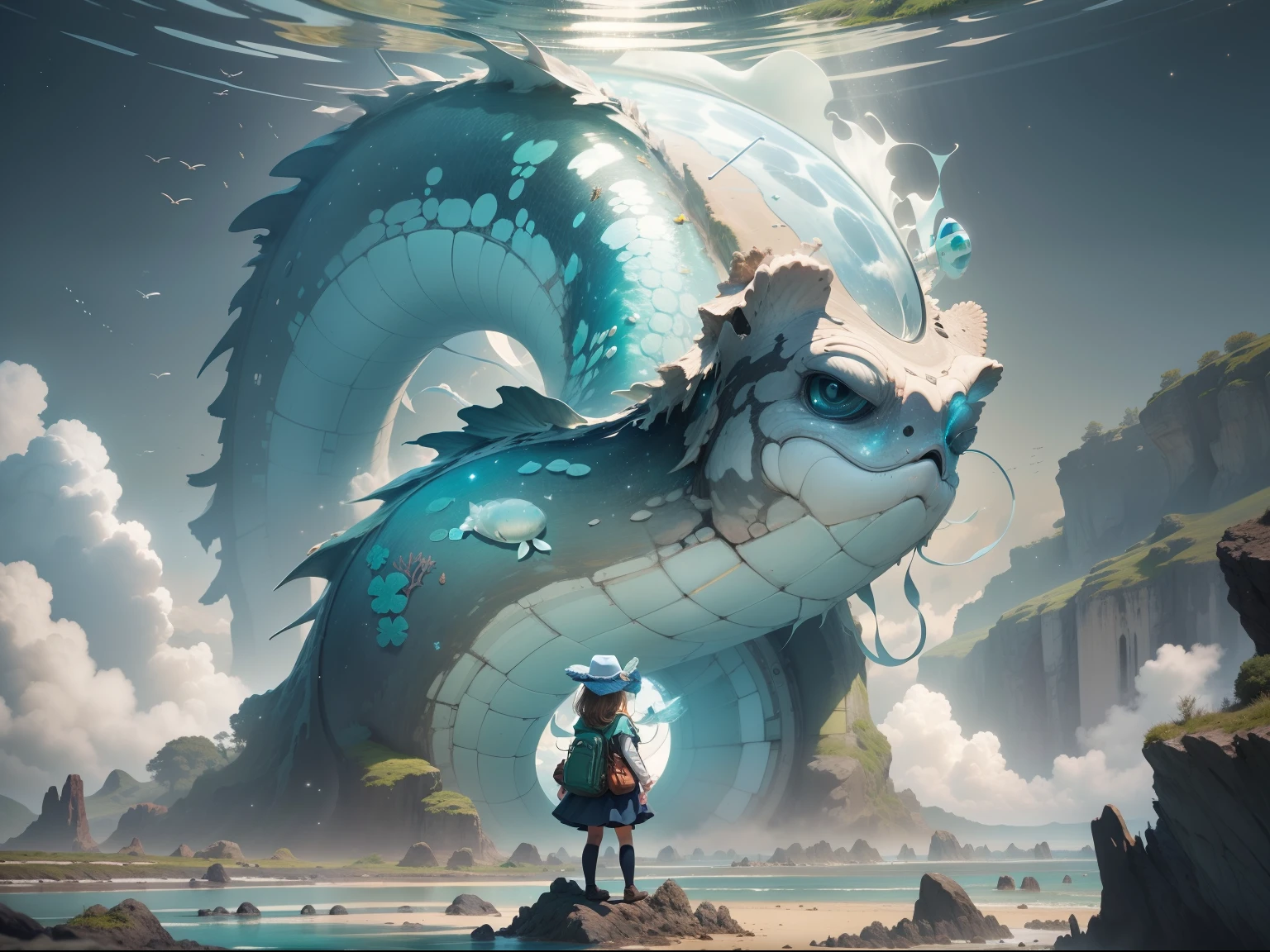 a smiling girl, behind her is a giant whale swimming