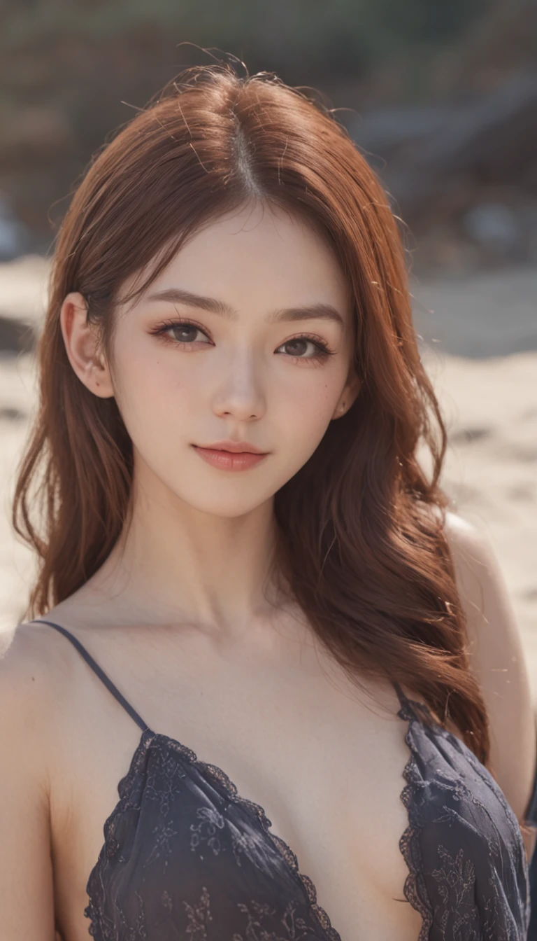 super-fine,Physical rendering,choker necklace,耳Nipple Ring,Air bangs,hair adornments,the setting sun,鎖骨,Wristbands,nabel,long whitr hair,Brown hair,ahoge,1girll,mideum breasts,sandbeach,wavey hair,thinness,