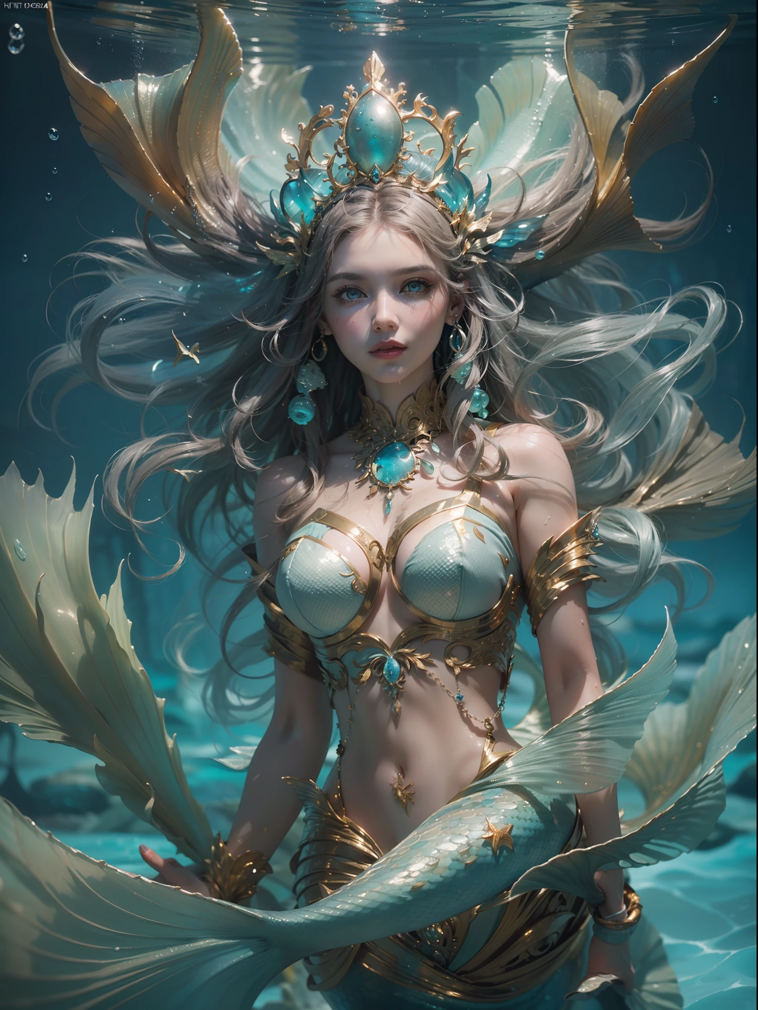 Numerous award-winning masterpieces of, With incredible details, textures and maximum detail", "Mermaid bust view:1.6", "Ultra photo realsisim:1.4", "Realistic:1.3", "up of the upper body:0.4", "Many gold and silver treasures sank around: 1.8", "best quality real texture skin", "(((In water)))", "Shallow coral reefs: 1.5", "Bright sea during the day: 1.6", "Fine true circle Symmetrical eyes", "Beautiful and delicate face", "((medieval world))", "Mermaid full body display: 1.6", "((mermaid))", "((Mermaid princess))", "((Mermaid aristocracy))", "Burning bright eyes", "She had a majestic smile on her face", "Shipwrecks and treasures:1.4", "Sink in an ancient sunken city", "The sunken cathedral", "Sunken ruins of an ancient castle", "Sparkle with water, the reef", "A pair of ice blue eyes,A strong blue light emits from the inside:1.5", "Bio-luminescence:1.5", "Mermaid full body view:1.6", "Whirlpool water and tidal currents in the background", "Dramaticlight", "Her countenance is gentle and beautiful", "Glass earrings on the ears", "Dramatic photo:1.4", "((dramatic pose))", "flamboyant photo", "Golden hair", "Silver hair", "Maroon hair", "Mermaid full body view:1.6", "((head looking up))", "((Looking down))", "She had an oversized pearl necklace around her neck:1.6", "She has an oversized pearl hanging from her head:1.6", "Bio-luminescence,Brilliant light:1.3", "Use gorgeous hydraulic magic:1.2", "Beautiful fish around", "Luminous magic circle:1.5", "Full body view:1.6", "epic realistic", "Faded", "greg rutkovsky:0.8", "Teal and orange:0.4", "Art Station:1.5", "Cinematic", "((com cores neutras))", "hdr:1.5", "pastel colour:1.2", "ultra - detailed", "Dramaticlight", "Intricate details:1.1", "Angelina. Julie