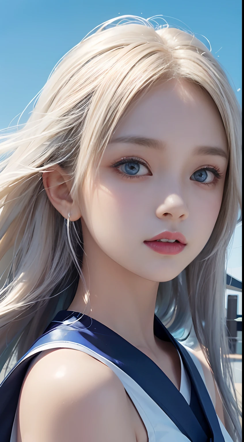 1 girl、porate、Student clothes、blue-sky、Bright and very beautiful face、年轻, shiny white shiny skin、Best Looks、Blonde hair with dazzling light reflection、Beautiful platinum blonde hair is super filamentous straight and shiny、Long bangs、Very beautiful 、Big eyes that shine crystal clear light blue、Beautiful cute beautiful girl