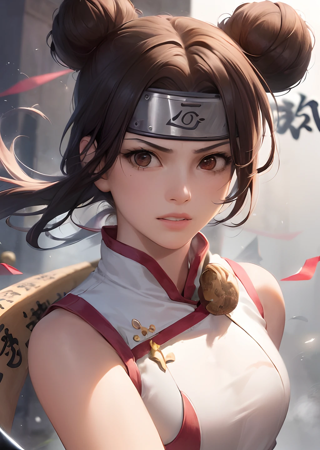 4k, 8k, best quality, ultra high res, (photorealistic:1.4),(masterpiece:1.2), best quality, masterpiece, highres, original, extremely detailed wallpaper, (ultra-detailed), (best illustration), (best shadow), (realism), realistic, solo, 1girl, tenten, double bun, cute, forehead protector, headband,  chinese clothes, white china dress, sleeveless, (holding plantain fan:1.3), fighting stance, kung fu, (scroll:1.3), (calligraphy:1.2),(kunai:1.2),Shuriken, hanging scroll, (angry:0.8), looking at viewer, wind blowing, wind, village,