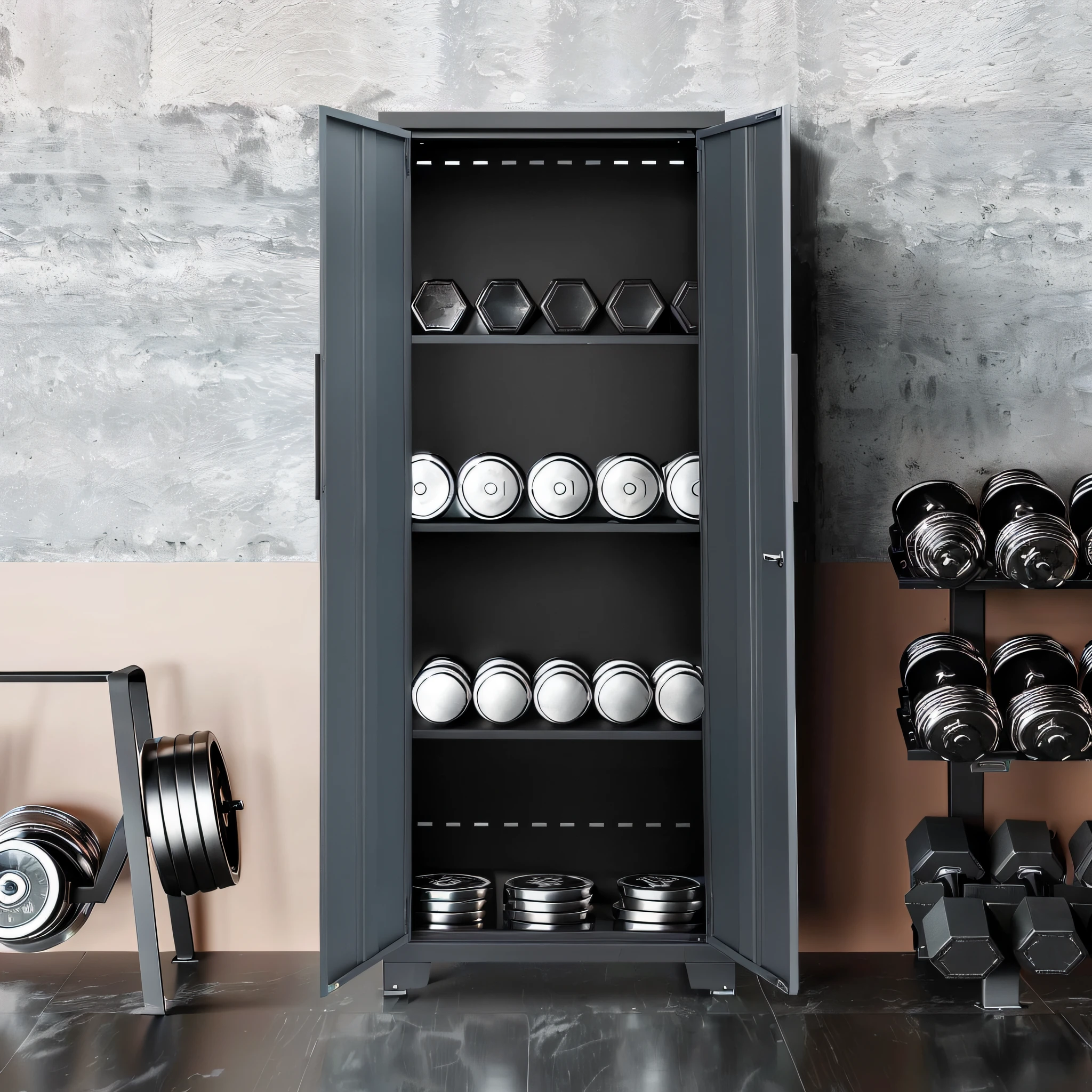 There is a metal cabinet，There is a bunch of dumbs inside, Product rendering, 3 d product render, cabinets, steel gray body, Full body girl, full bodyesbian, author：Anna Katharina Bullock, cupboard, Product photo, high quality 3d render, high quality 3 d render, in style of kyrill kotashev, author：Alexander Kosis