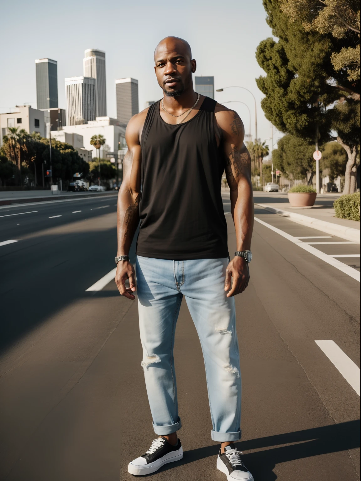 Masterpiece, hd, 4k, realistic, 1man, 30 ymo, man photo, black European man, bald hair, black man ,wear white tanktop, wear long denim pants, los angeles background, city, standing, los angeles city