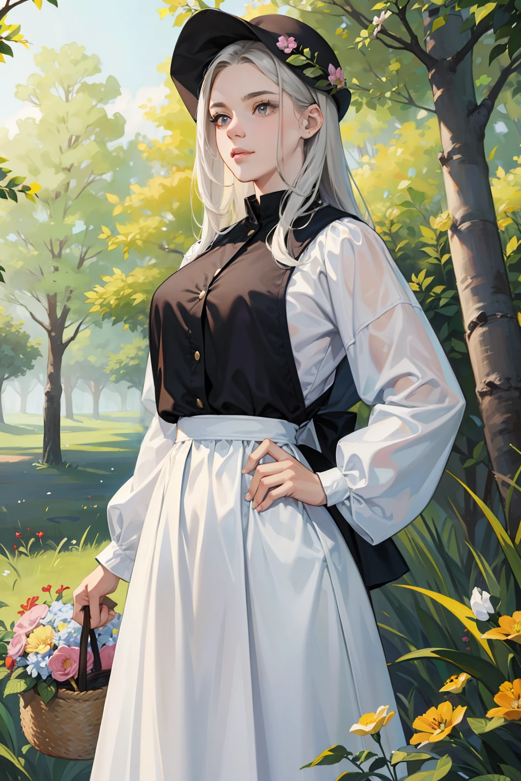 NSFW, obra-prima, melhor qualidade, ultra-detalhado, semi-realista, detailedfacialfeatures, 2 garotas jovens ,wearing 15th-century French peasant clothing,cabelos negros,compridos,olhos claros, sweet and gentle appearance,muito bonita,middlebreasts,ingenua,Standing holding a basket of flowers walking through the forest