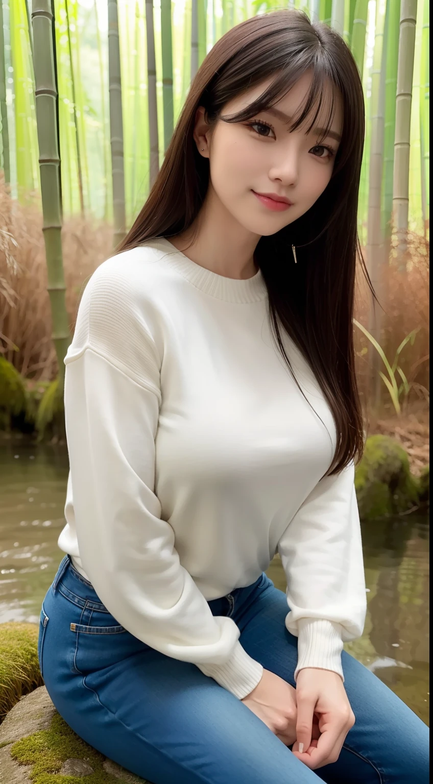 a pregirl，ssmile，looking at viewert，Tight sweater，skintight jeans，photore, realisticlying, Best quality at best， 详细的脸，Detailed eyes，Sitting sideways on a large mossy stone in a bamboo forest，It is surrounded by a river， diffuselighting, depth of fields